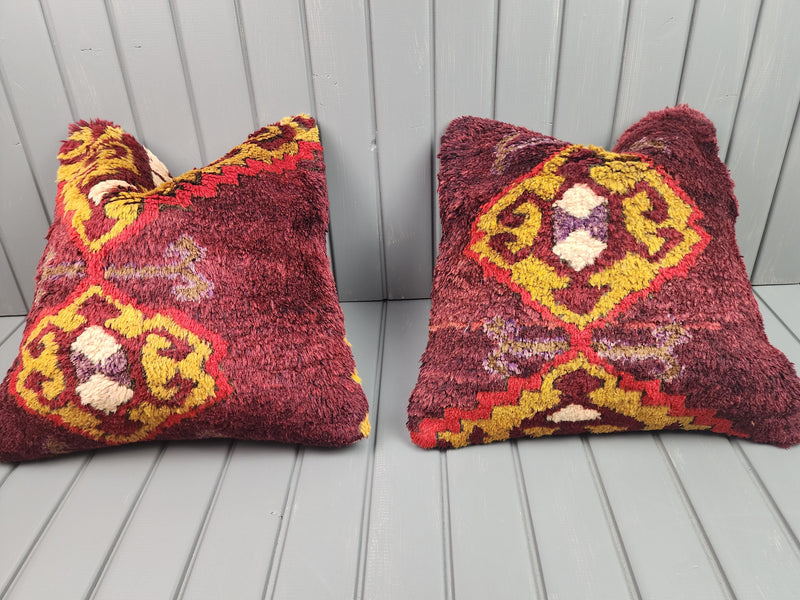 Antique Konya Tulu shaggy pillow covers with burgundy pile and saffron-yellow medallions