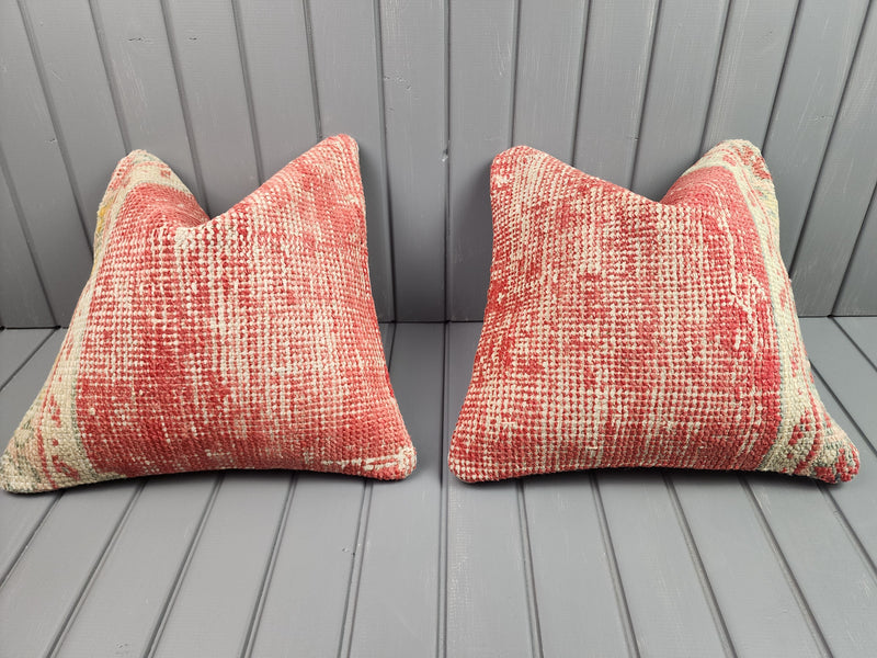 Antique Oushak rug pillow covers, set of 2, in red and ivory