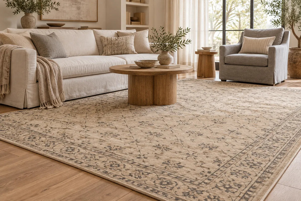 Beige patterned rug with a cream sofa and grey armchair
