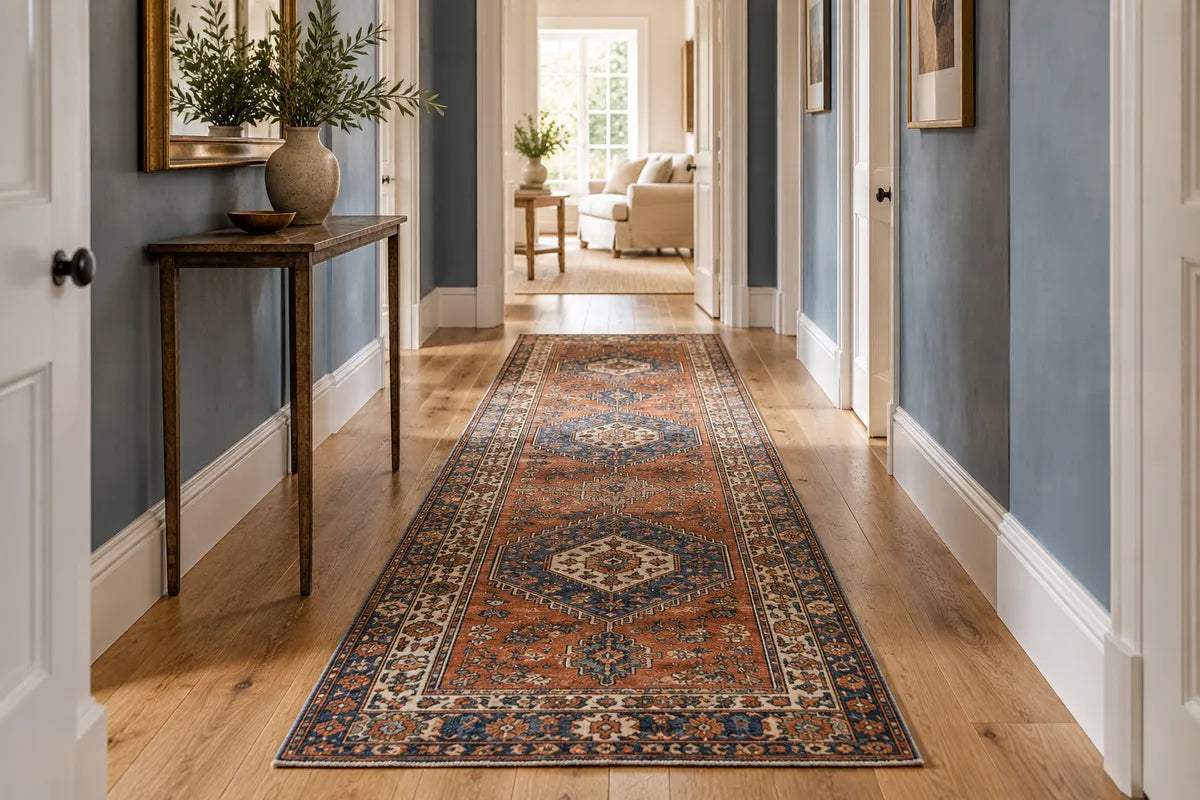 Rust and indigo runner in a narrow hallway with visible floor borders