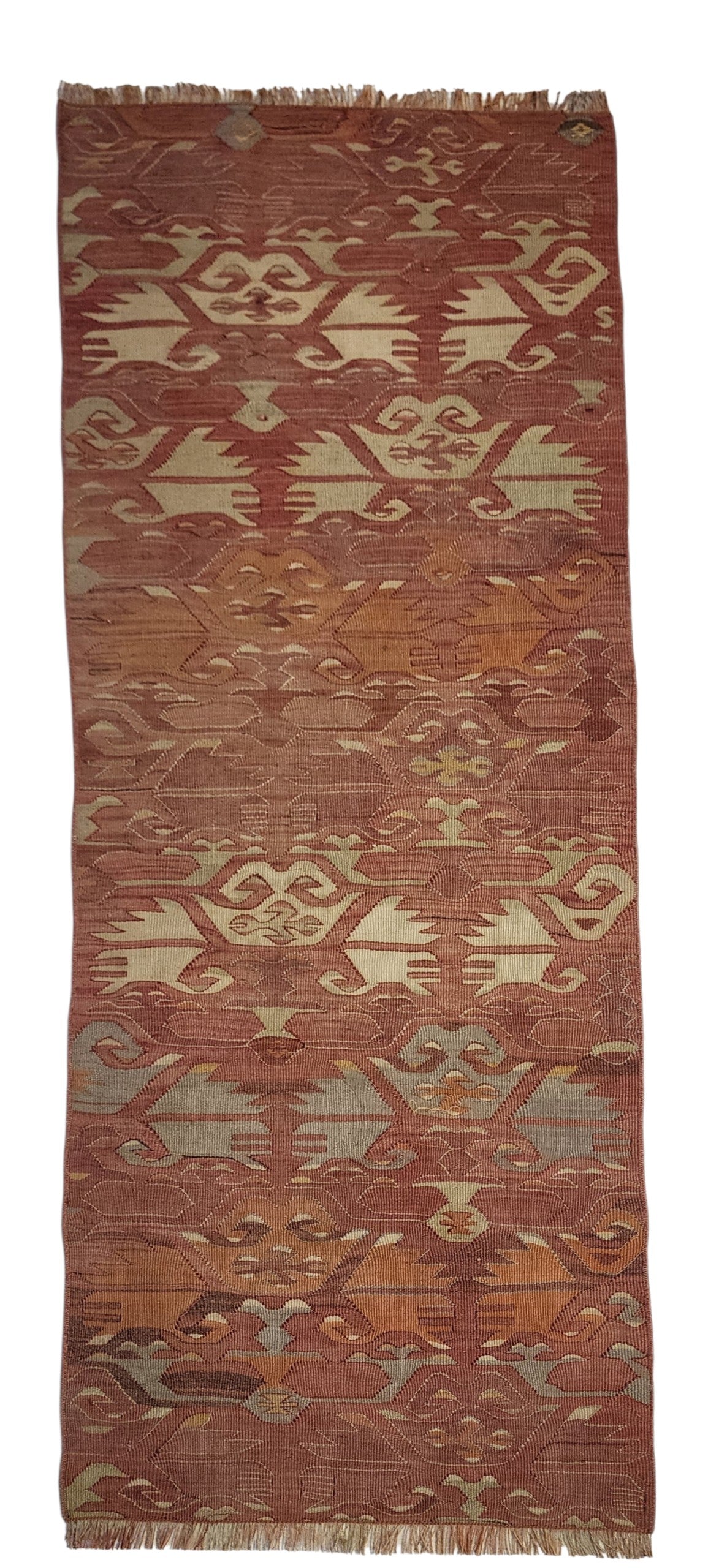 Vintage Afyon kilim runner in pink and orange, 2x5 ft, for a kitchen