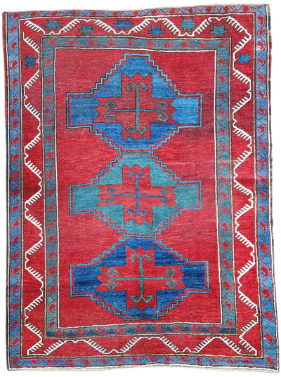 Green Rugs — Antique Caucasian Fahrola Rug 6 x 4 ft, Red Blue and Green Tribal Persian Area Rug