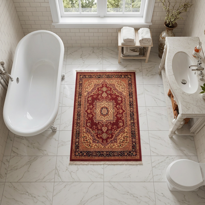 Bathroom Rugs — Afghan Kilim Vintage Rug, 3 ft 2 in x 2 ft Red, Blue, Brown and Off-White Turkish Kilim Rug