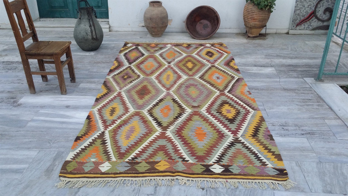 Yellow Rugs — Antalya Turkish Kilim Rug, 9 ft 6 in x 4 ft 11 in Vibrant Zig Zag Tribal Design Handmade Wool Rug