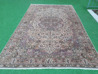 Gray Rugs — Pastel Antique Persian Area Rug 10 x 6 ft Vintage Pink Grey Handmade Natural Wool Floral Medallion Carpet, Distressed Bohemian Vintage Decor