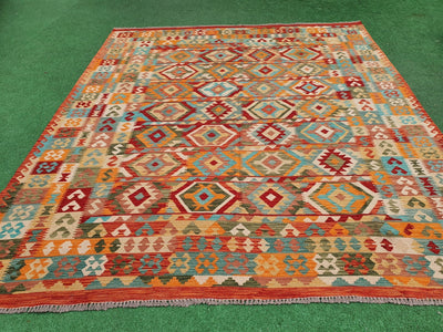 Pink Rugs — Afghan Kilim Vintage Rug, 9 ft 5 in x 8 ft 3 in Red Pink, Blue and Off-White Turkish Handmade KIlim Rug