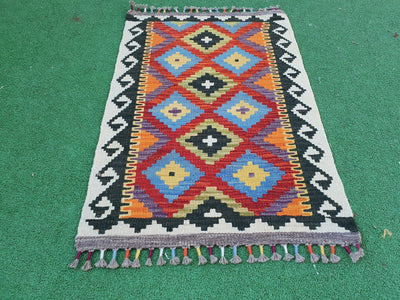Brown Rugs — Afghan Kilim Vintage Rug, 3 ft 2 in x 2 ft Red, Blue, Brown and Off-White Turkish Kilim Rug