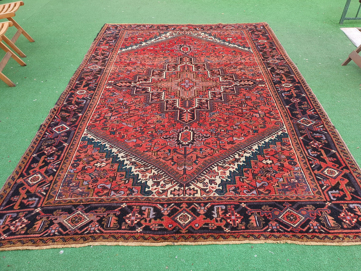 Medallion Rugs — Persian Area Rug 9 x 7 ft, Red Blue and White Vintage Tribal Nomadic Carpet, Handmade Natural Wool Large Area Rug for Living or Dining Room