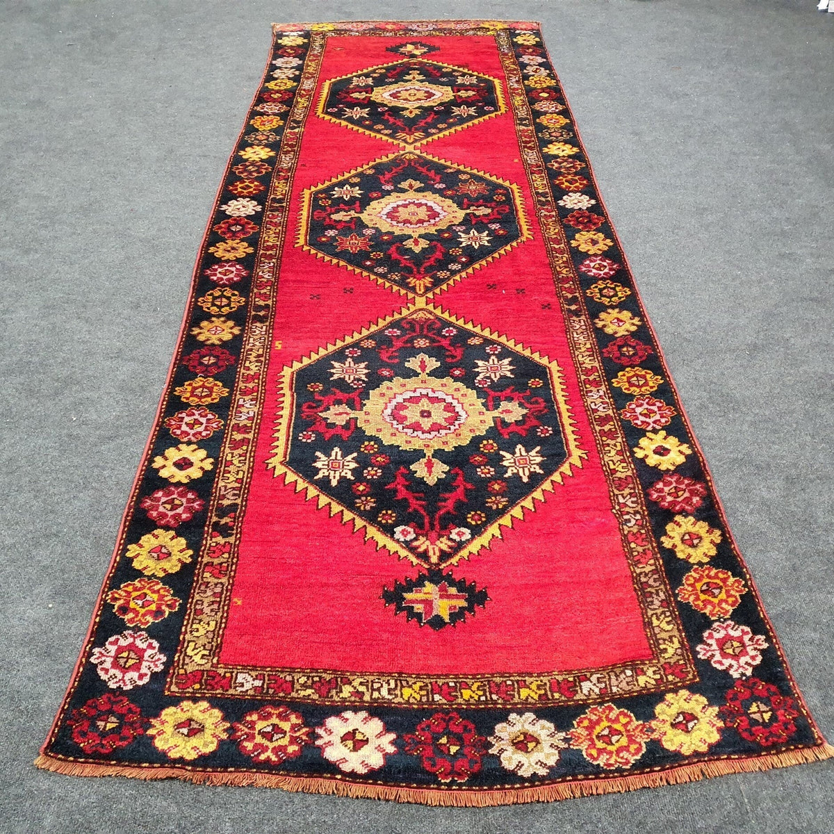 Silk Rugs — Persian Hallway Runner 11 x 3 ft Turkish Natural Wool Rug, Red with Blue and Brown Central Floral Medallions and Border Entry Corridor Rug