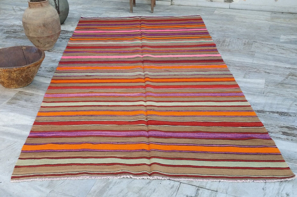 Purple Rugs — Brown Orrange Purple Kilim, Handmade Natural Wool Persian Area Rug, Tribal Nomadic Boho Rustic Decor Moroccan Berber Abstract Rug 10 x 5 ft