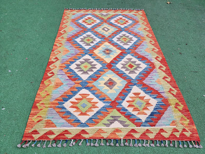 Entryway Rugs — Afghan Kilim Rug,5 ft 3 in x 3 ft 4 in, Rust Red, Blue and Off-White Contemporary Turkish Rug