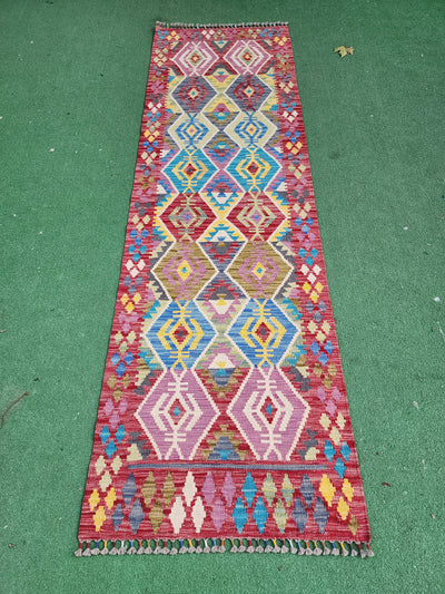 Blue Rugs — Afghan Kilim Vintage Rug, 8 ft x 2 ft  Rust Red Blue and Off White Turkish Hallway Runner