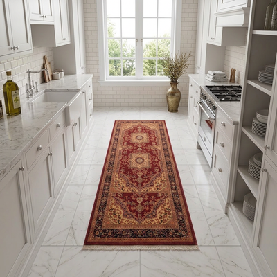 Kitchen Rugs — Afghan Kilim Vintage Rug, 8 ft x 2 ft  Rust Red Blue and Off White Turkish Hallway Runner