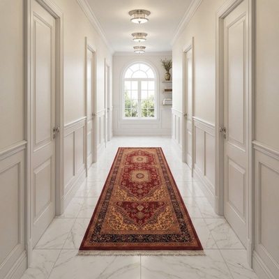 Hallway Rugs & Runners — Afghan Kilim Vintage Rug, 8 ft x 2 ft  Rust Red Blue and Off White Turkish Hallway Runner