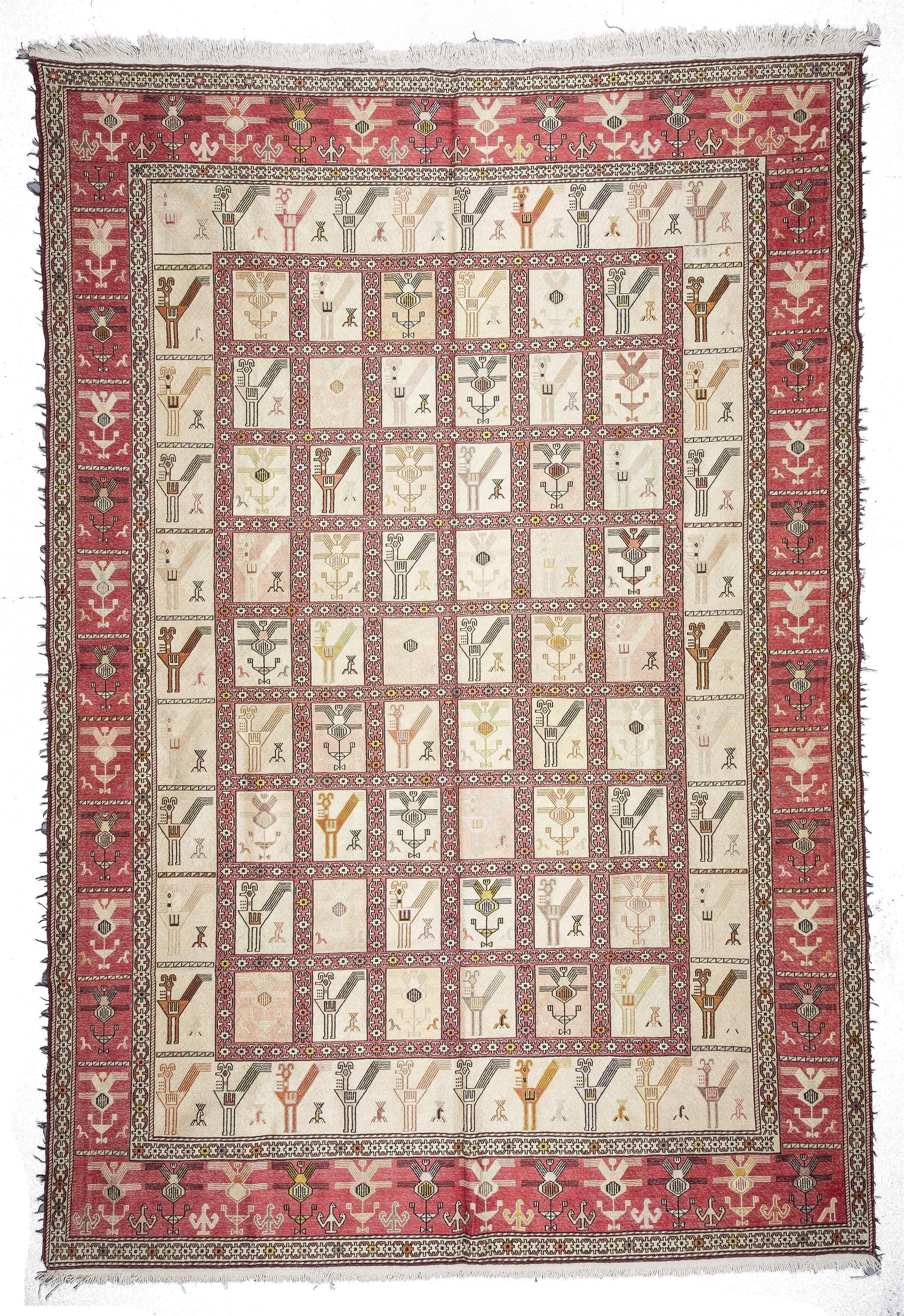 Turkish Kilim Rug, 9 x 6 ft Red and Cream Natural Wool Cotton and Silk Shasaver Soumak Rug