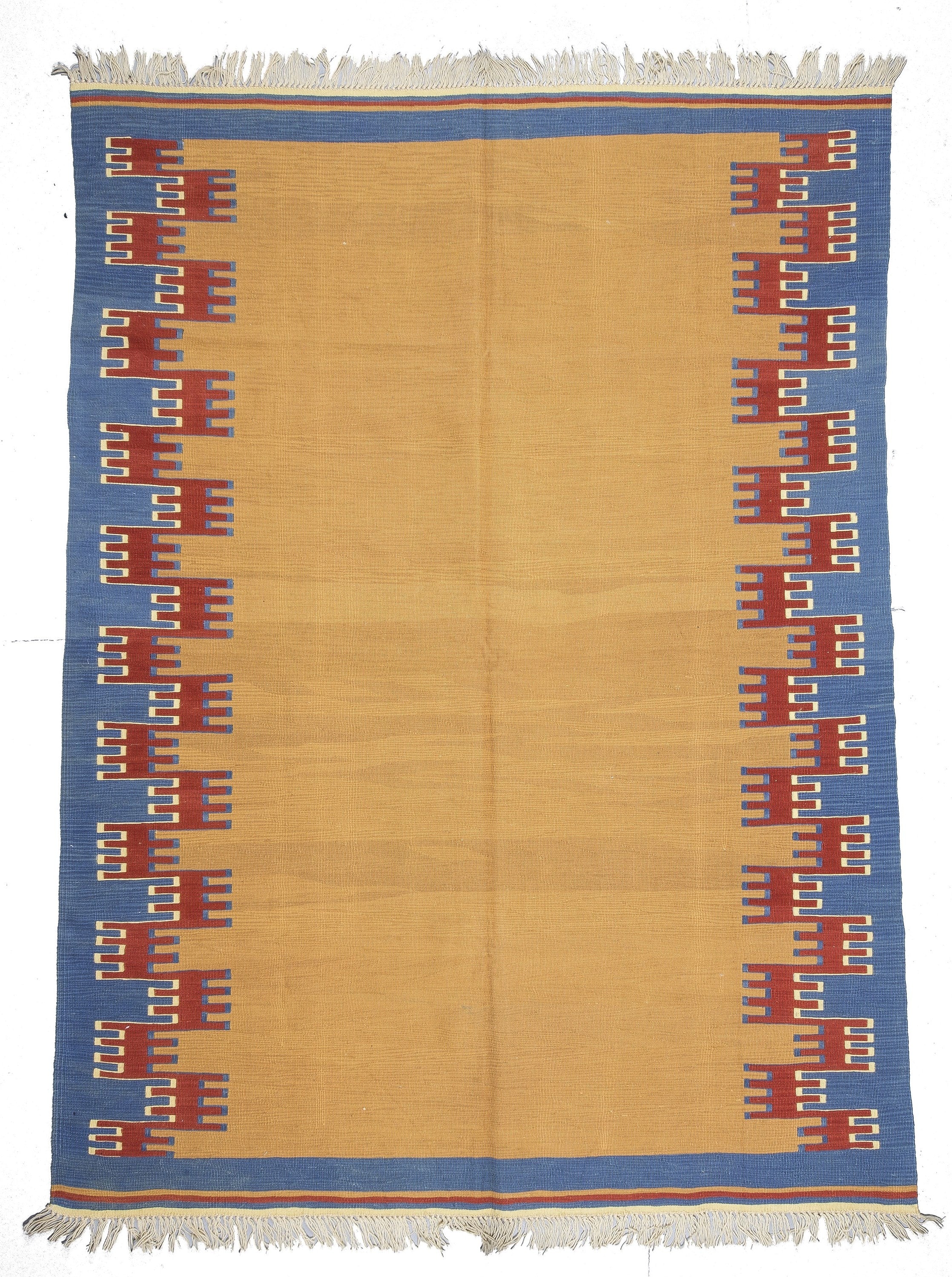 Turkish Kilim Rug, 7 x 3 Mustard Blue Tan Boho Retro Natural Wool Kilim Rug