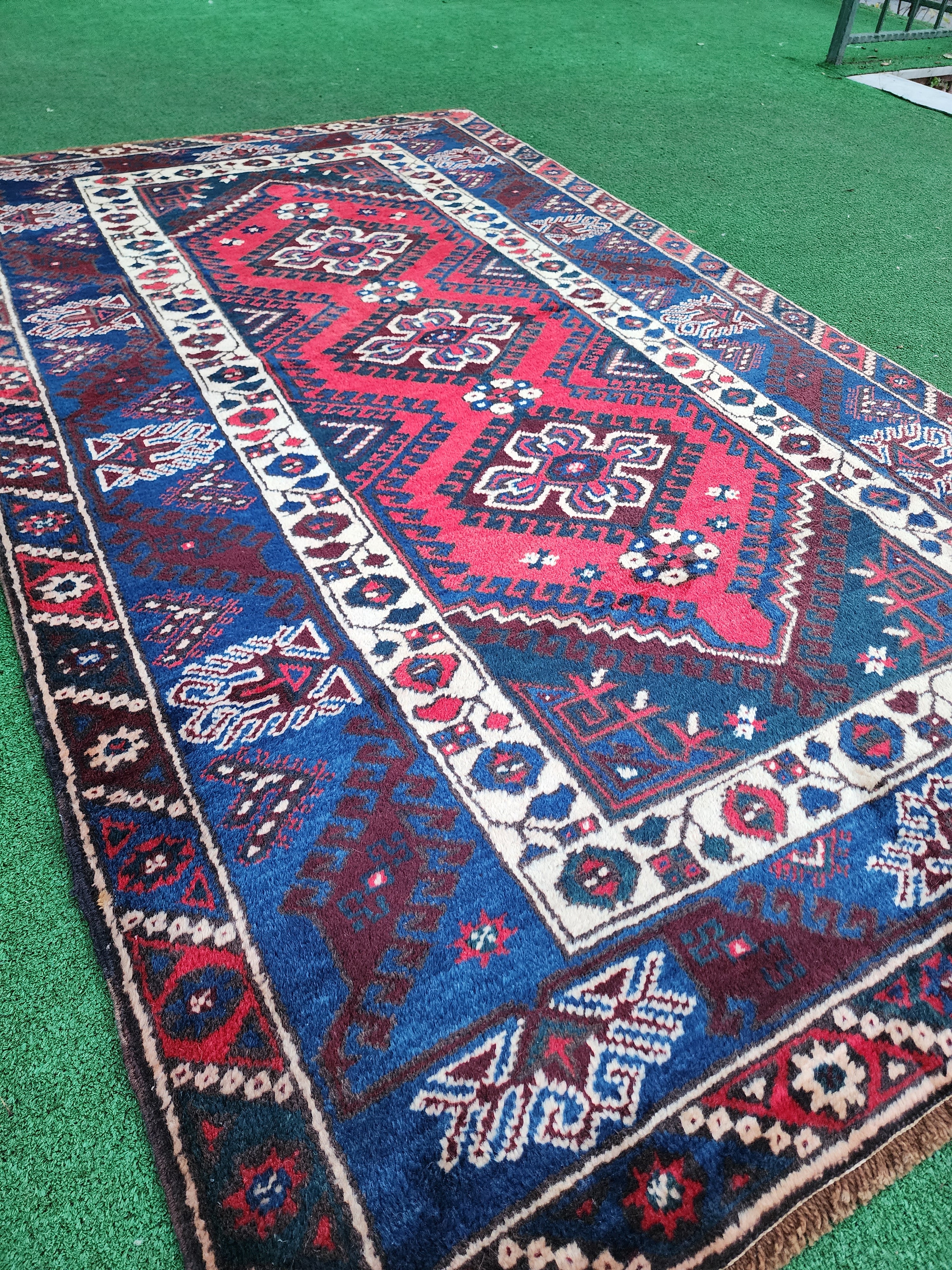 Turkish Antalya Red Blue White Handmade Natural Wool Rug 7'1'' x 4'1''