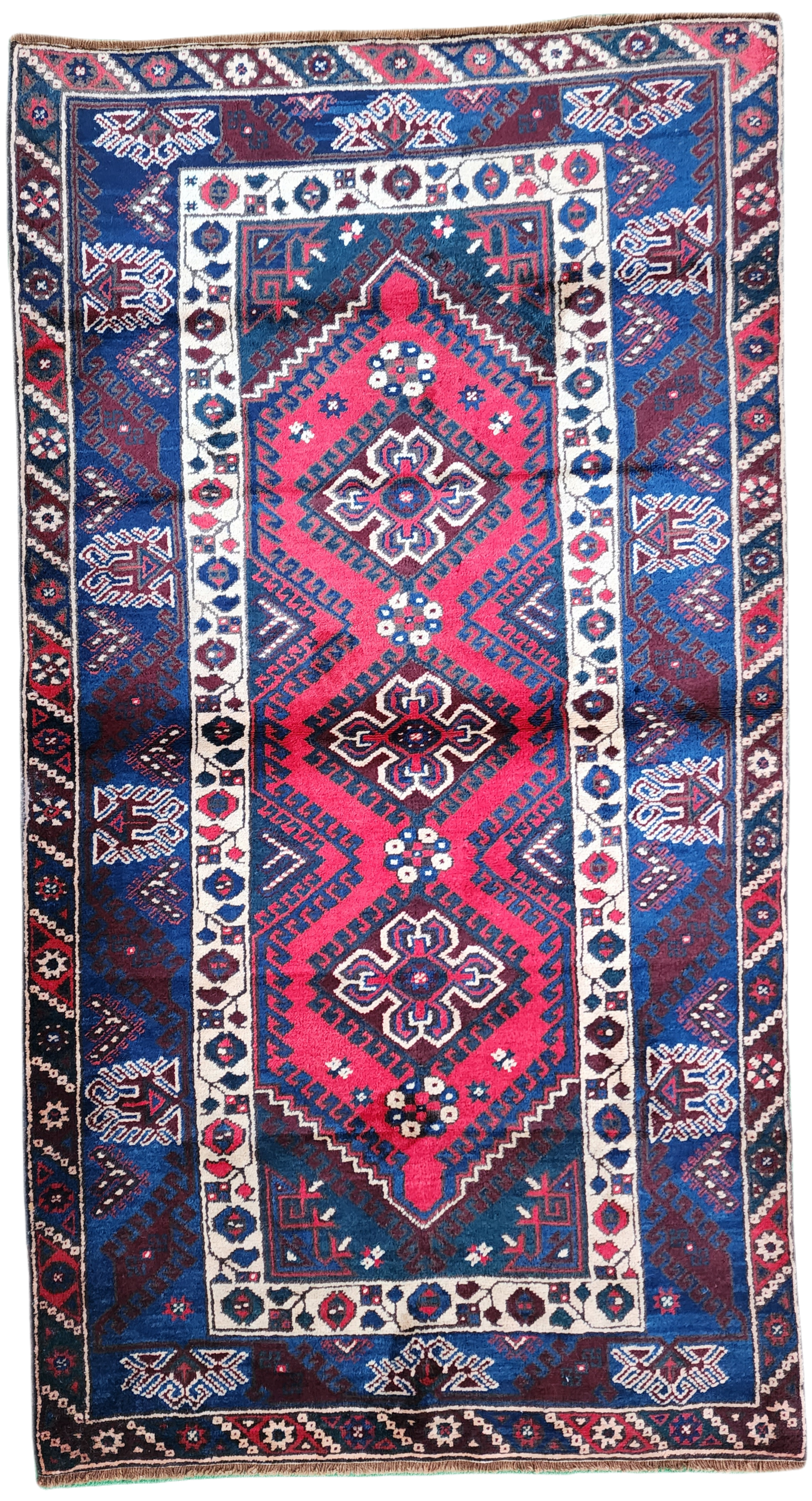 Turkish Antalya Red Blue White Handmade Natural Wool Rug 7'1'' x 4'1''