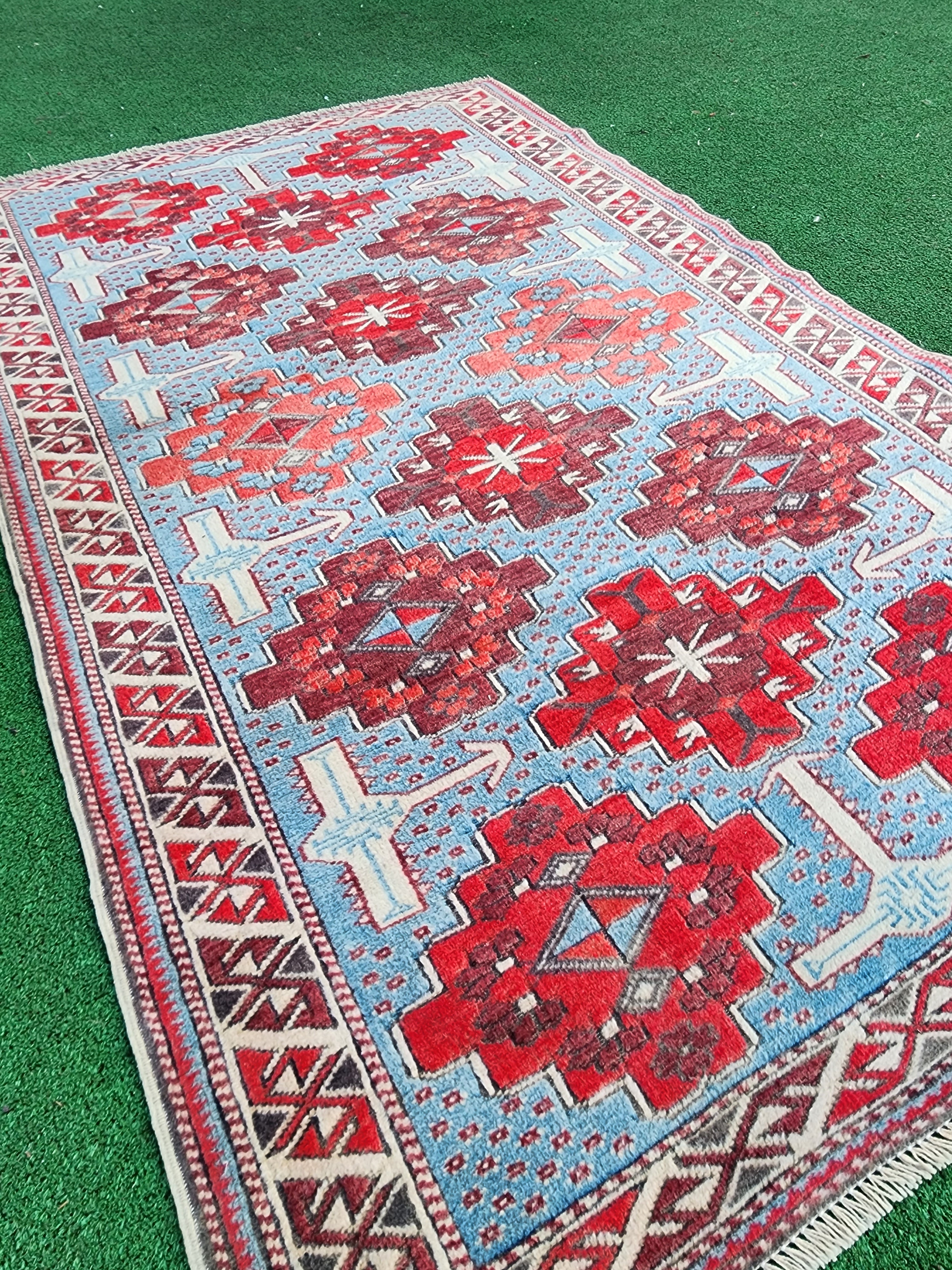 Red, Blue and White Vintage Turkish Rug 3'5'' x 5'7''