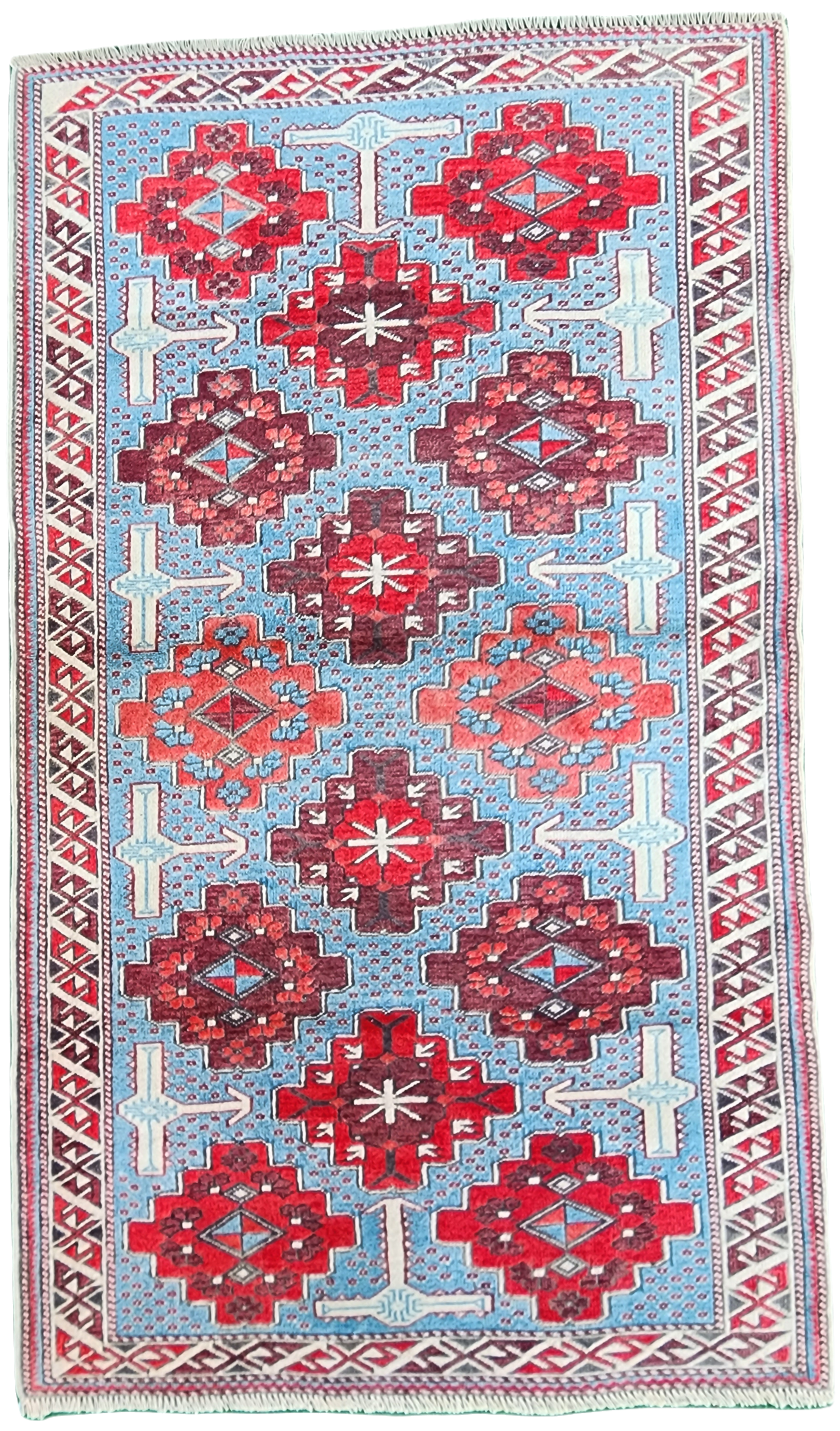 Red, Blue and White Vintage Turkish Rug 3'5'' x 5'7''