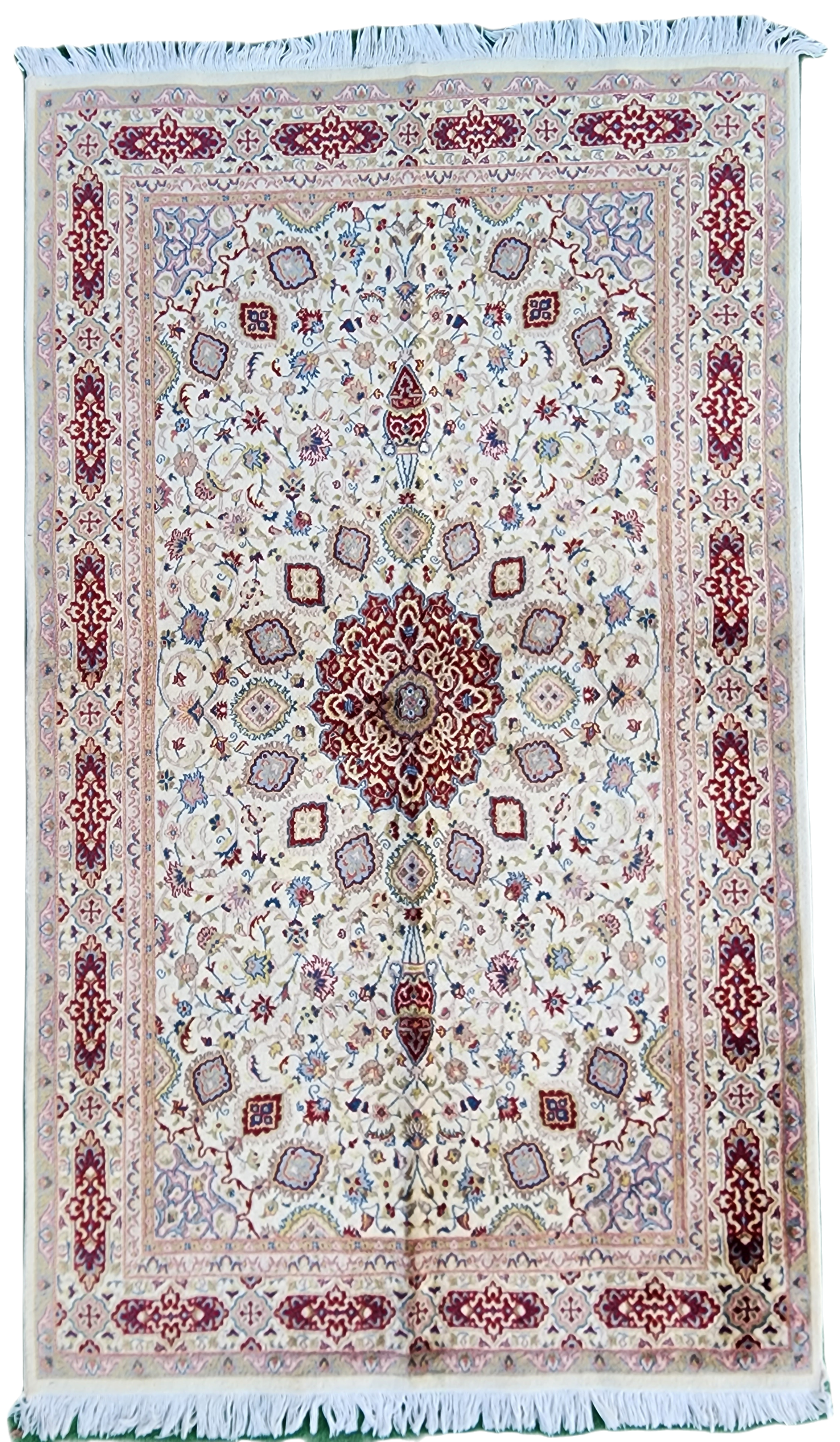 Persian Area Rug, White and Red Vintage Turkish Oriental Design Floor Rug 7'1'' x 4'5''