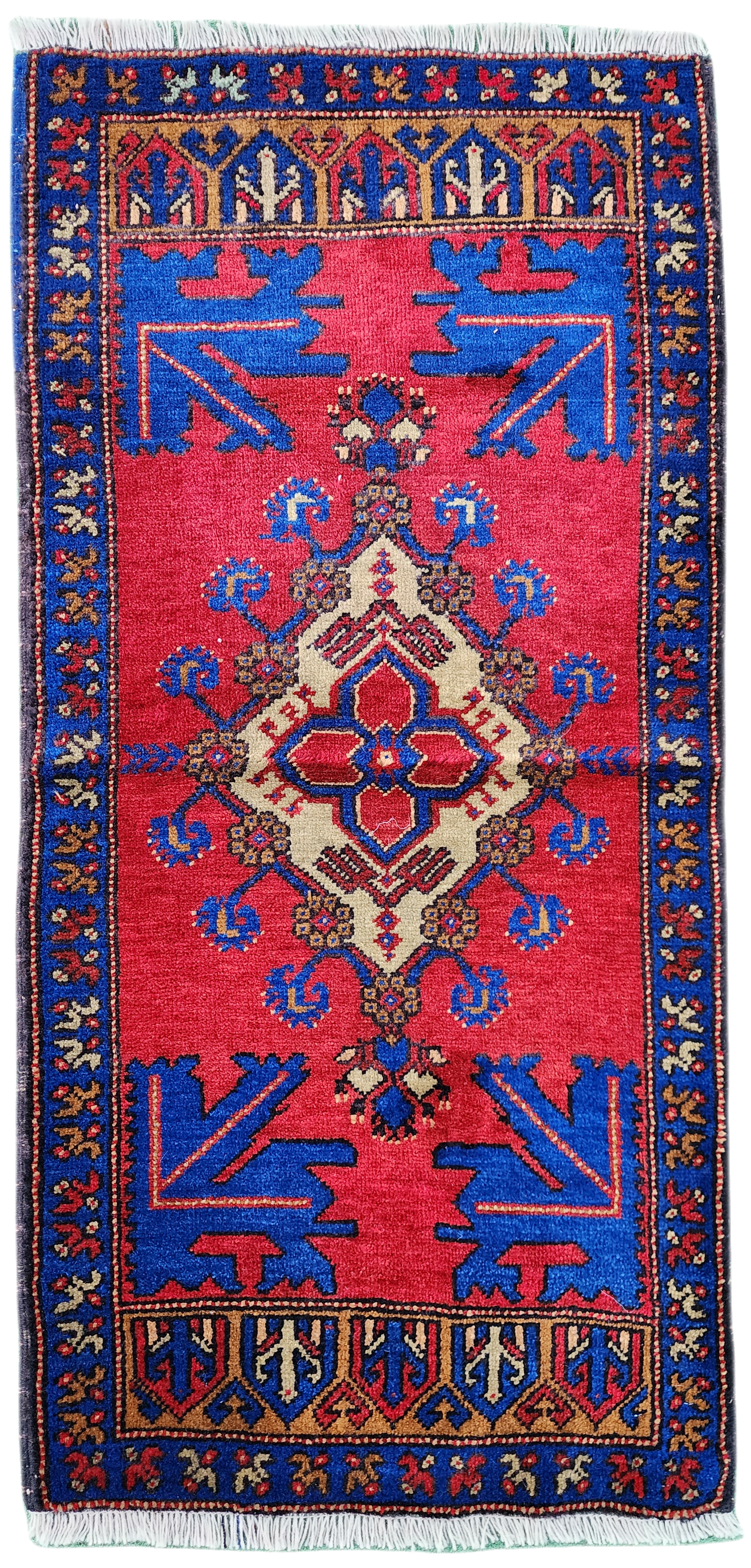 Red and  Blue Turkish Rug 3'7''x1'8''