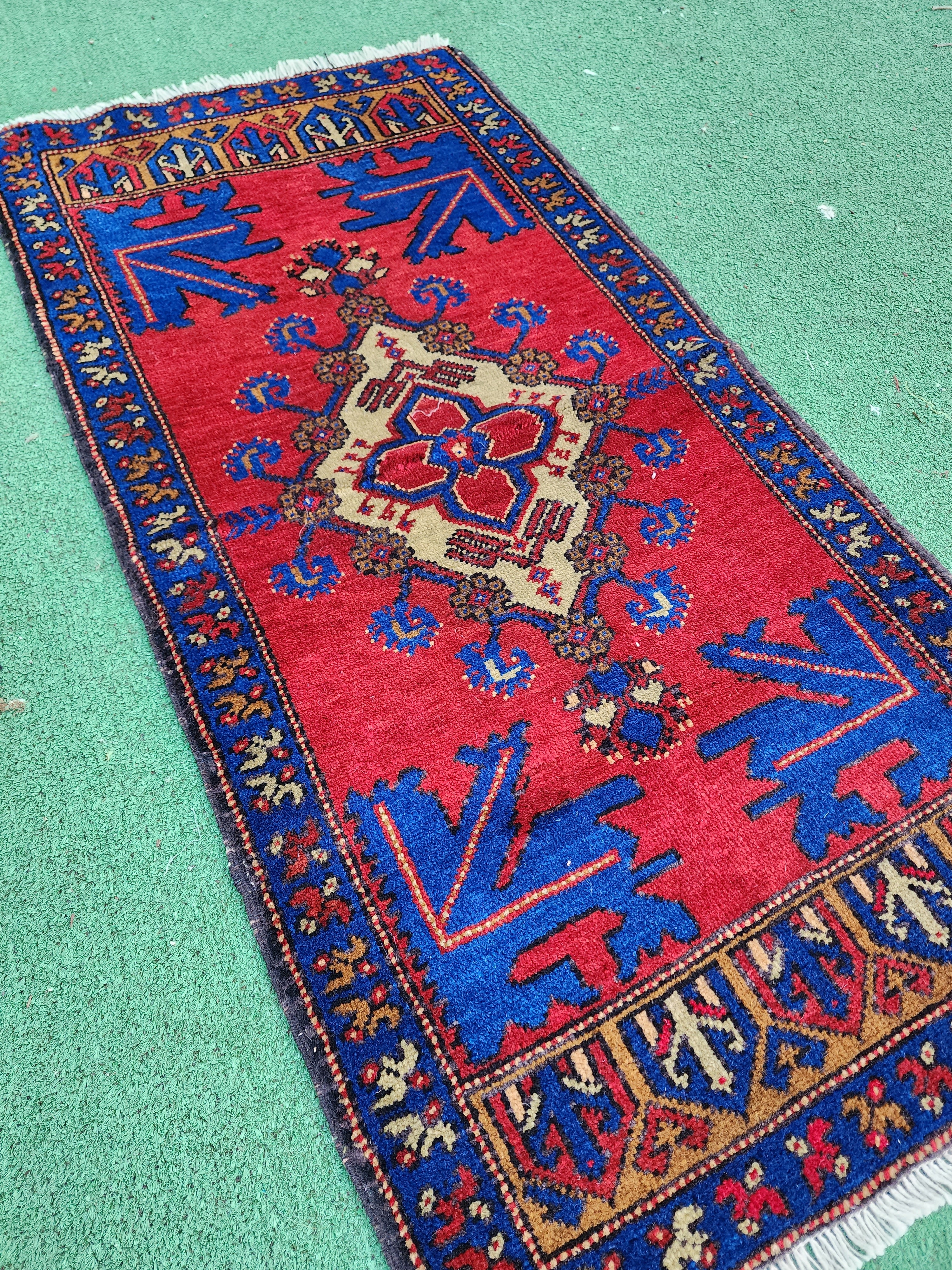 Red and  Blue Turkish Rug 3'7''x1'8''