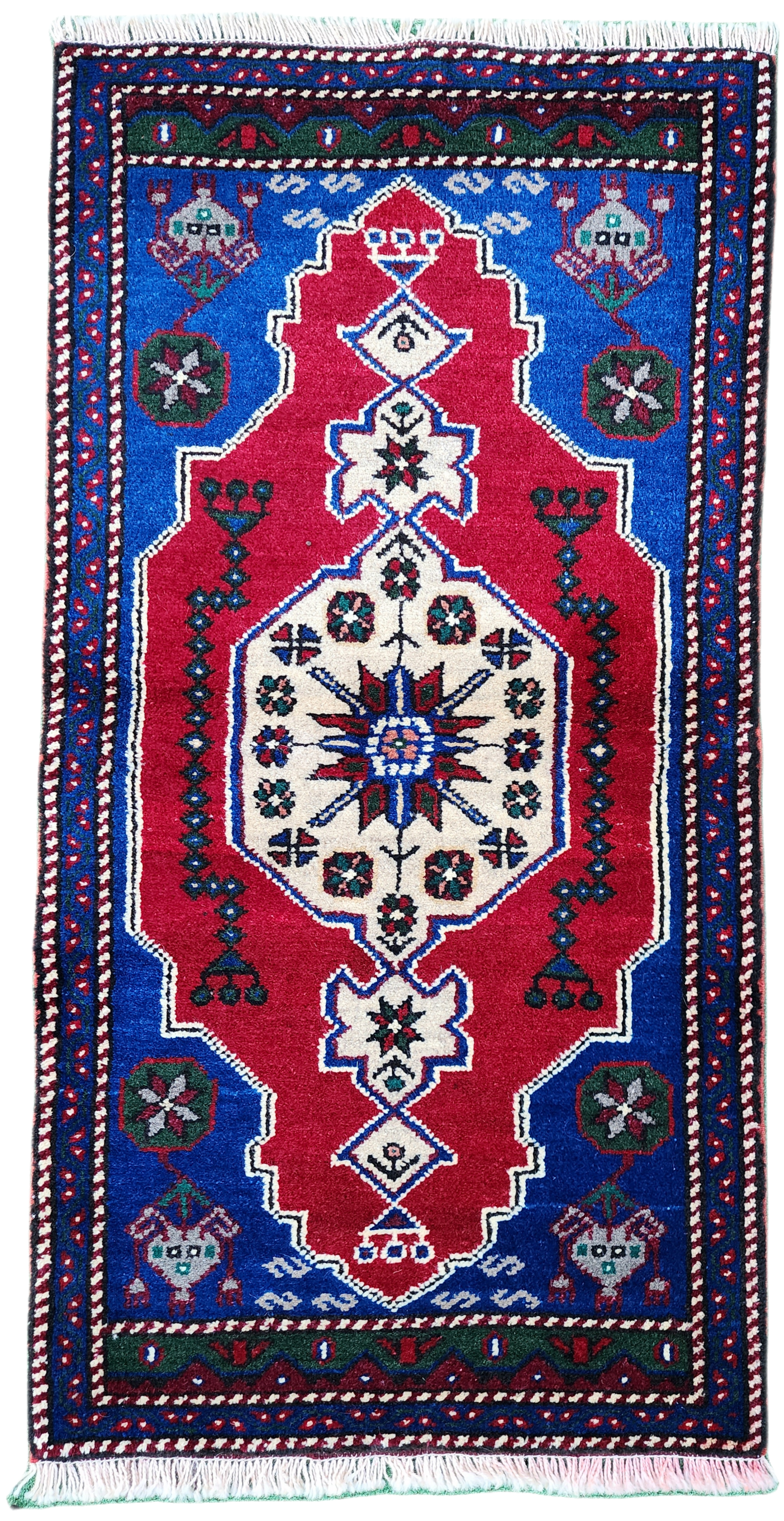 Small Turkish Rug, 3 ft 3 in x 1 ft 7 in,  Red and Blue Antique Doormat Hallway or Bedside Rug