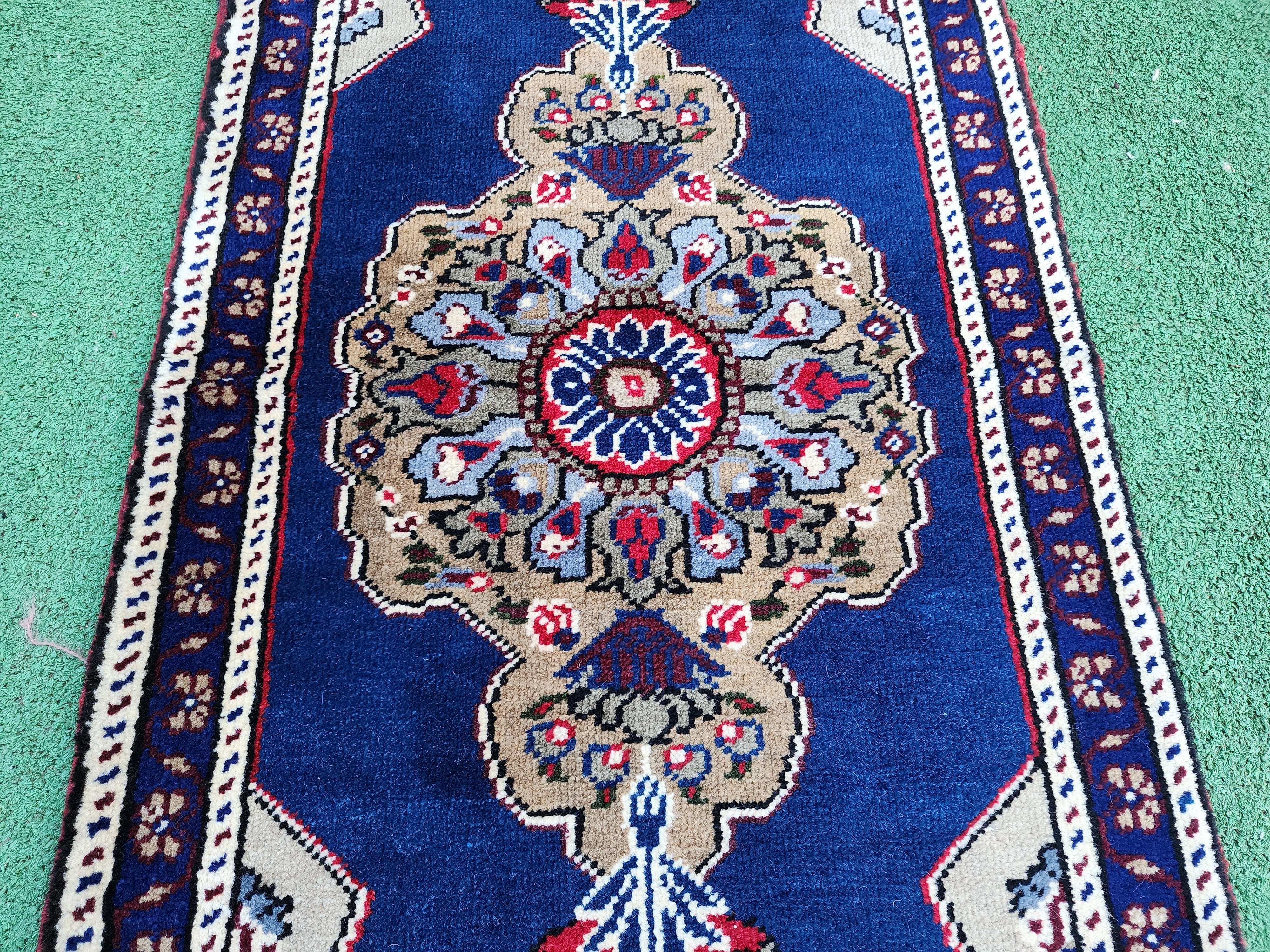 Vintage Turkish Small Rug, 3 ft 5 in x 1 ft 7 in, ft Red, Blue and Beige Faded Distressed Antique Style Mat