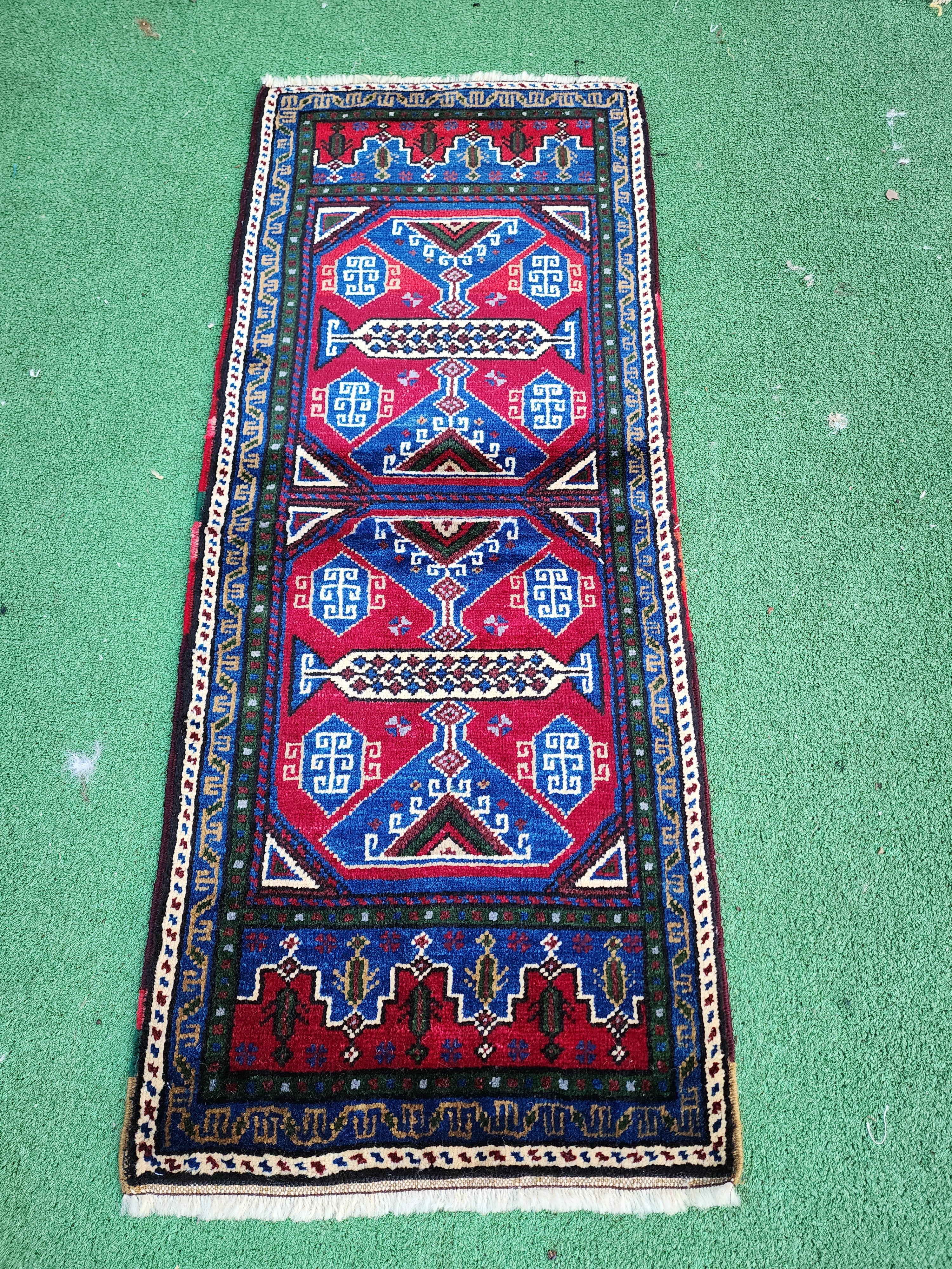 Vintage Turkish Small Rug,  4 ft x 1 ft 7 in, ft Red, Blue and Beige Faded Distressed Antique Style Mat