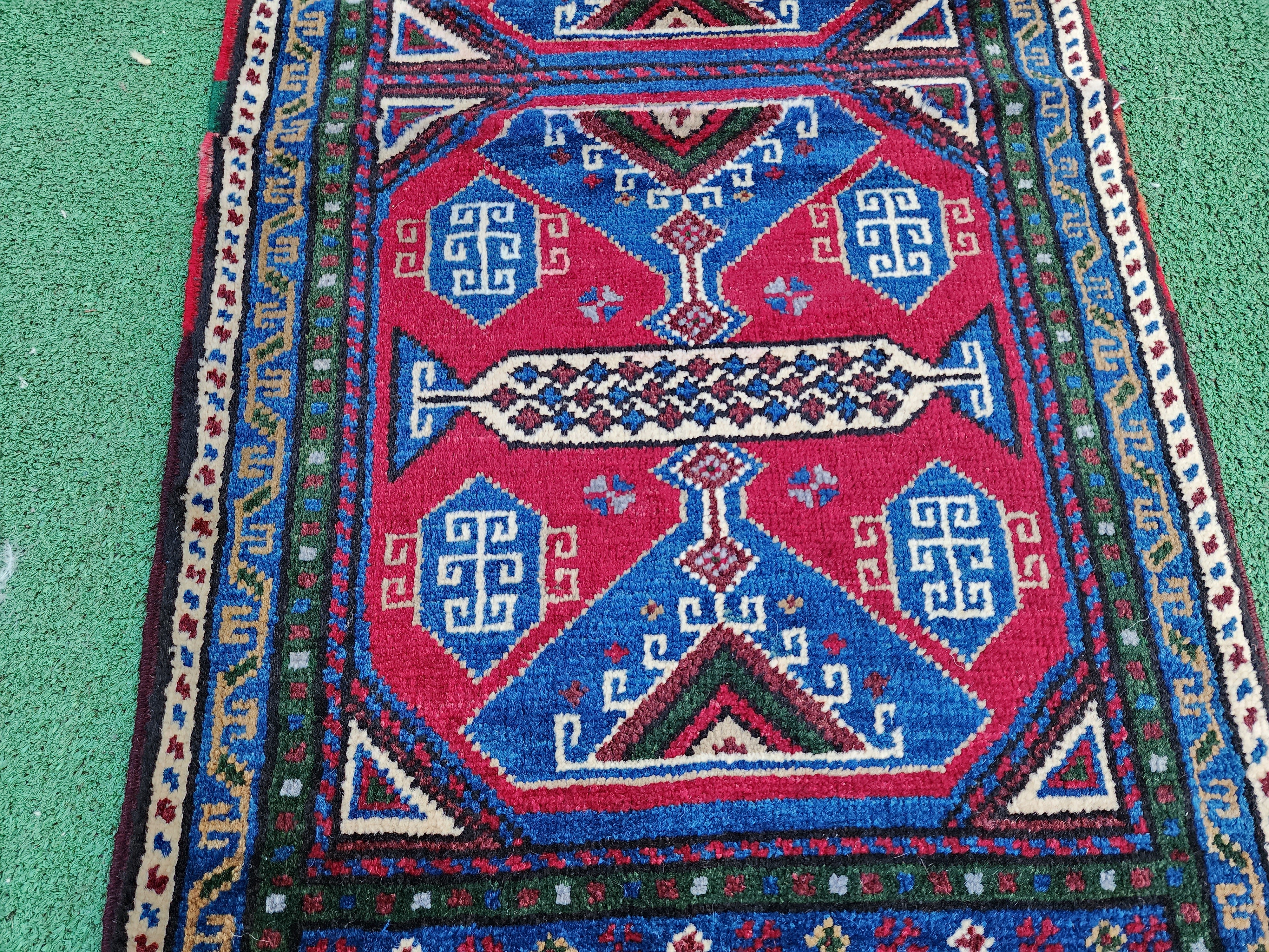 Vintage Turkish Small Rug,  4 ft x 1 ft 7 in, ft Red, Blue and Beige Faded Distressed Antique Style Mat