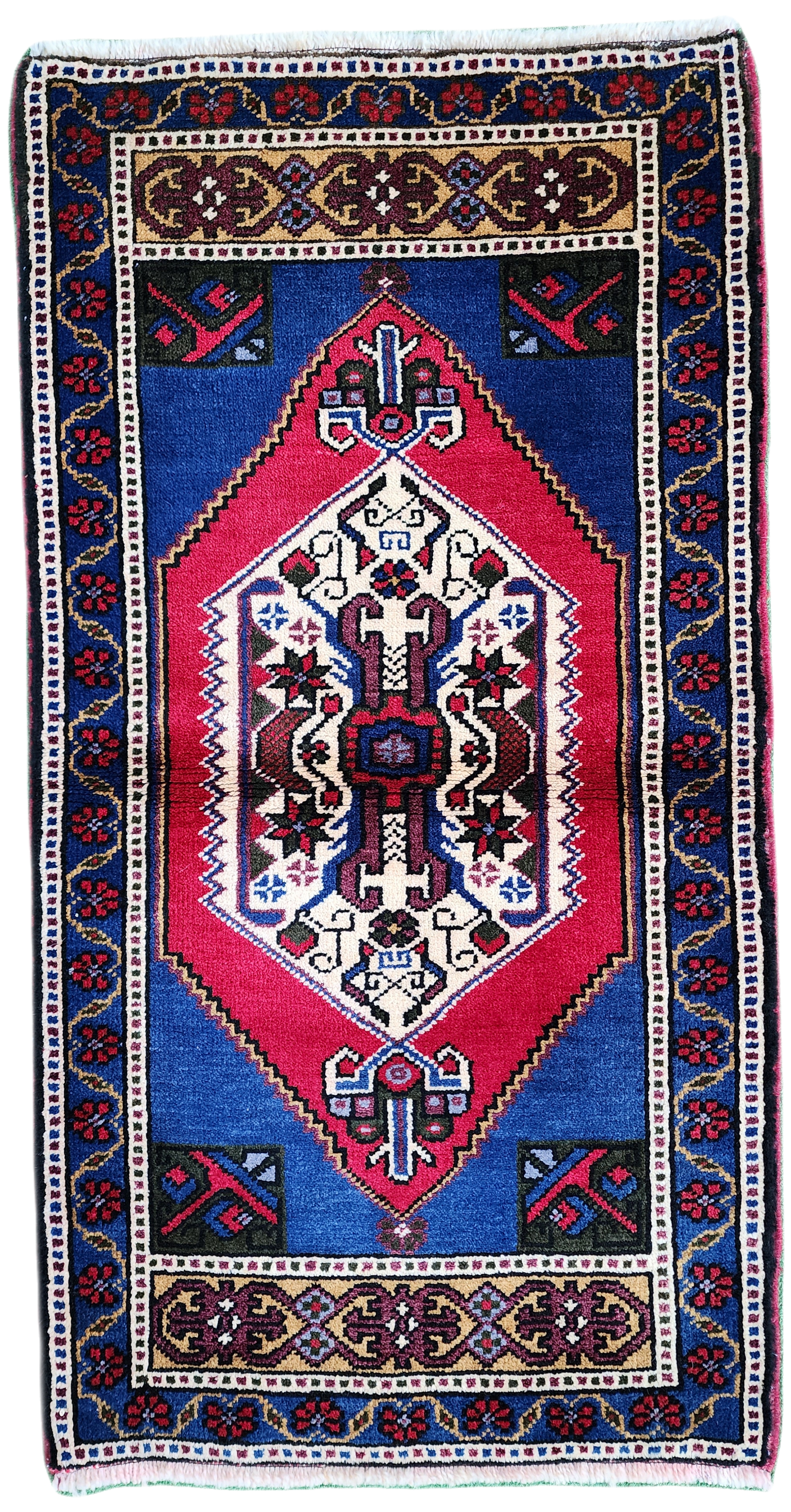 Vintage Turkish Small Rug,  3 ft 6 in  x  2 ft, Red Blue and Beige Faded Distressed Antique Style Mat