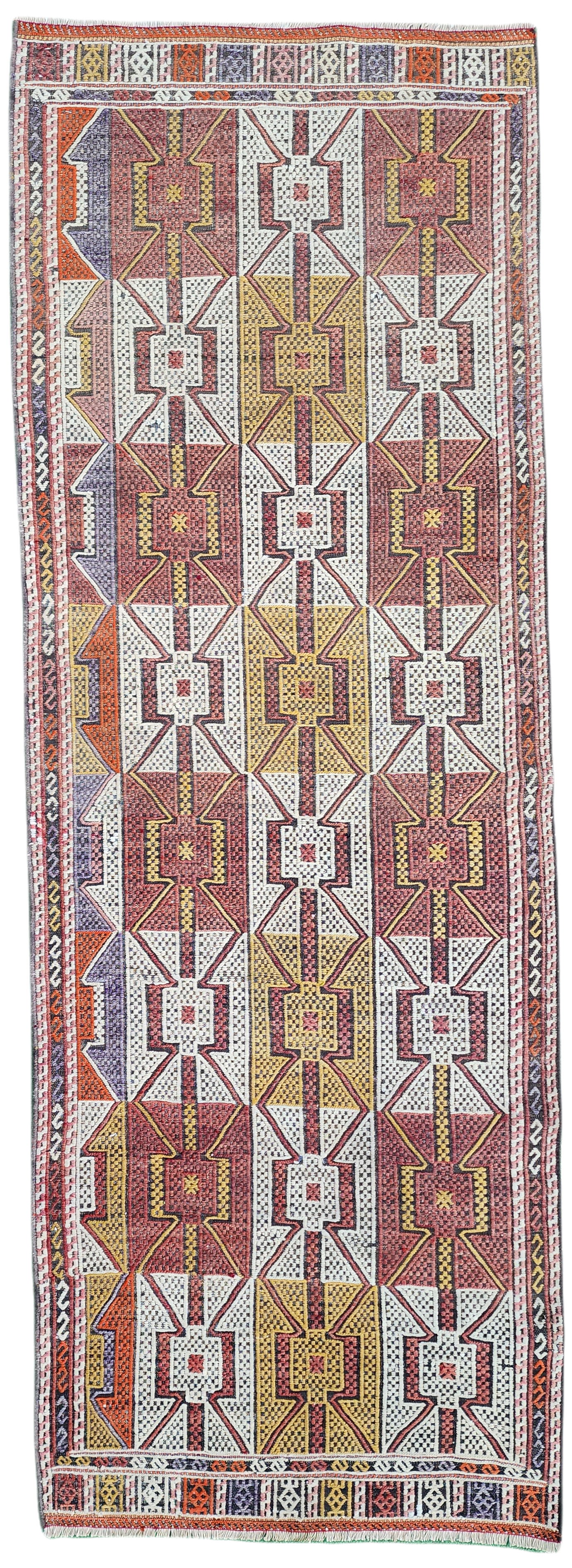 Kilim Hallway Runner Rug, 6'8''x2'5'' Embroidered Brown Pink White Handmade Natural Wool Persian Rug