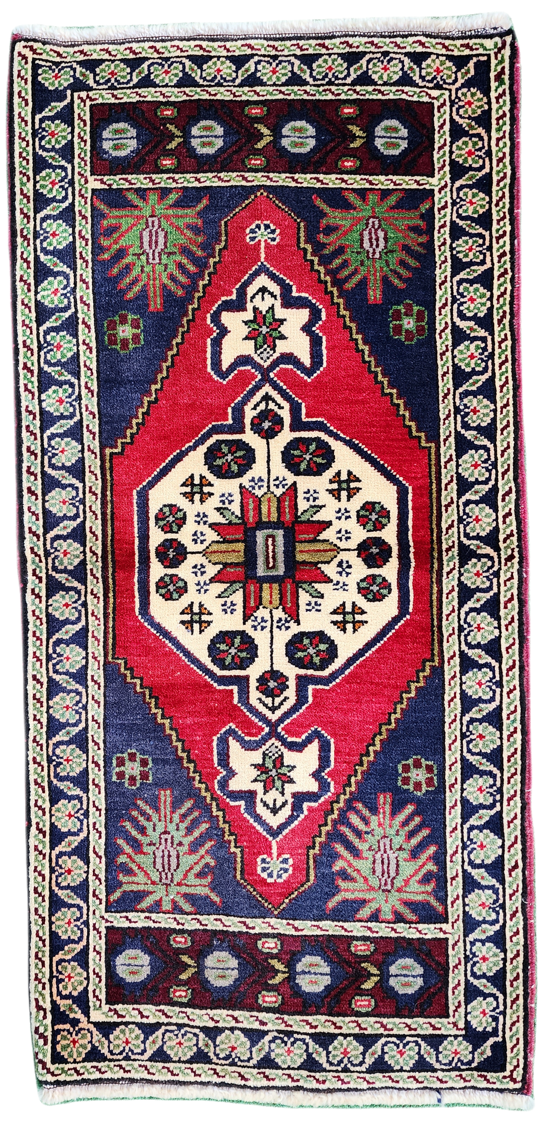 Red Blue Small Turkish Rug 3 ft 5 in x 1 ft 7 in Vintage Rug for Entry, Kitchen, Hallway or Bedroom