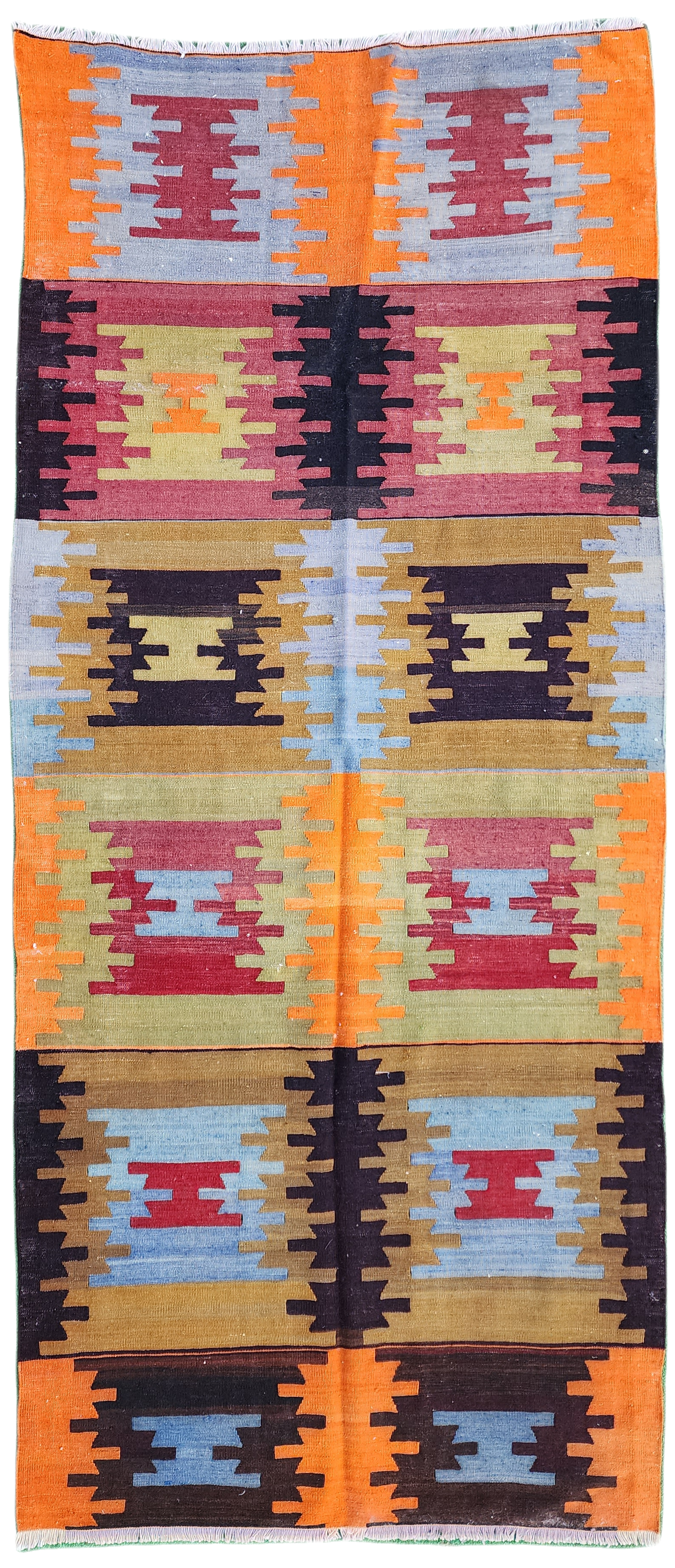Turkish Kilim Rug 7 x 3 ft  Orange and Brown Tribal Anatolian Handmade Rug with Southwest Aztec Design Motif, Hall Passage or Entryway Rug