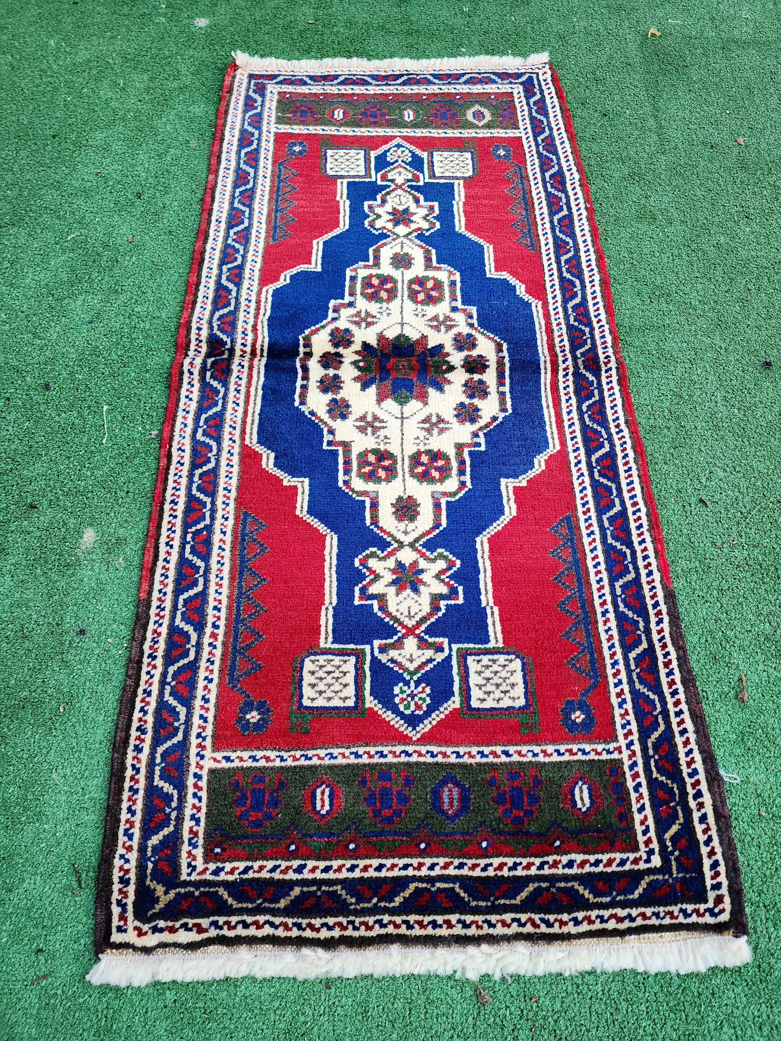 Vintage Turkish Small Rug, 3 ft 7 in x 1 ft 7 in , Red Blue and Beige Faded Distressed Antique Style Mat