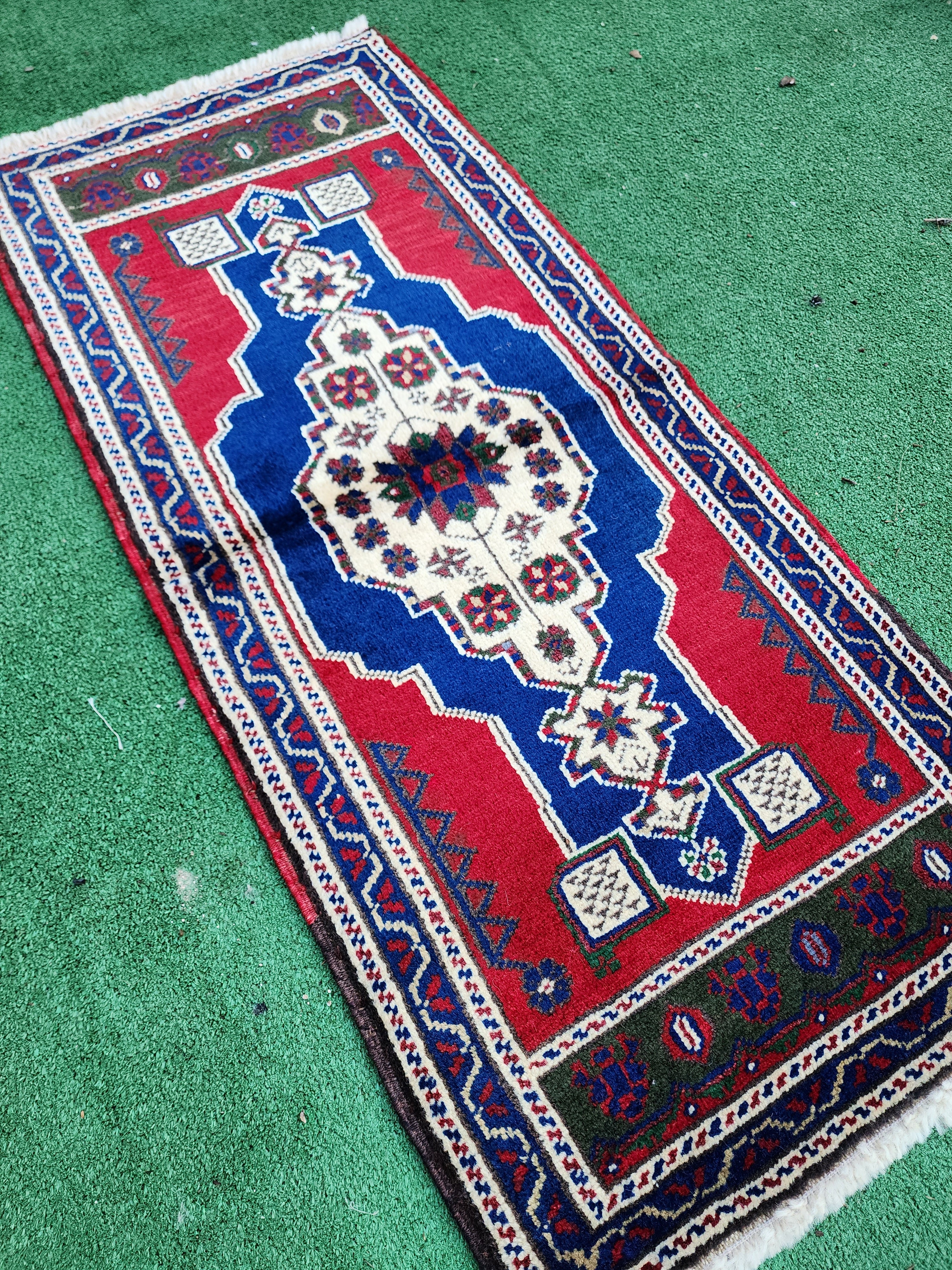 Vintage Turkish Small Rug, 3 ft 7 in x 1 ft 7 in , Red Blue and Beige Faded Distressed Antique Style Mat