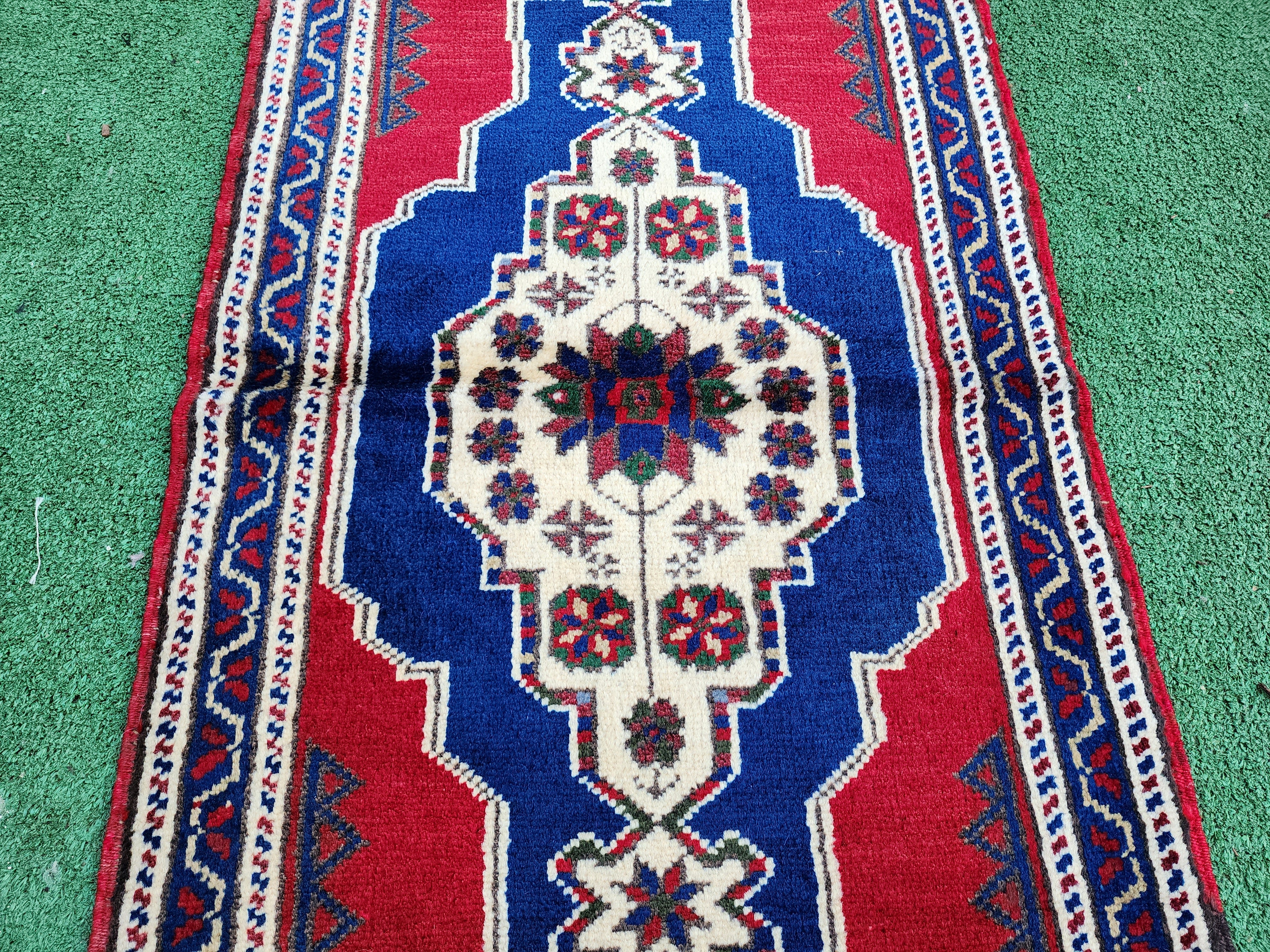 Vintage Turkish Small Rug, 3 ft 7 in x 1 ft 7 in , Red Blue and Beige Faded Distressed Antique Style Mat