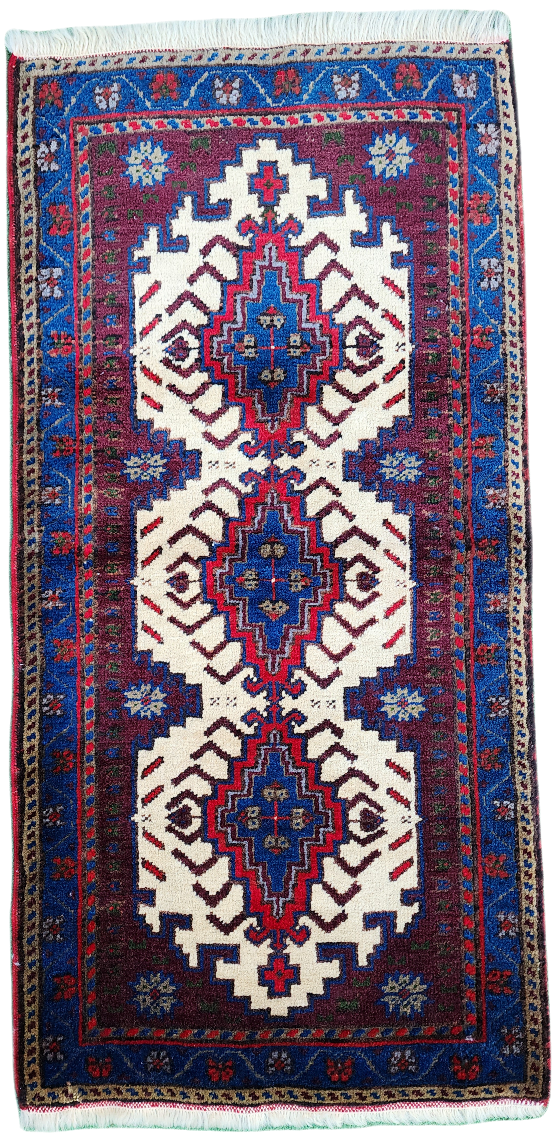 Red Blue Small Turkish Rug, 3 ft 4 in x 1 ft 7 in, Vintage Rug for Entry, Kitchen, Hallway or Bedroom Persian Oriental Boho Rustic Decor