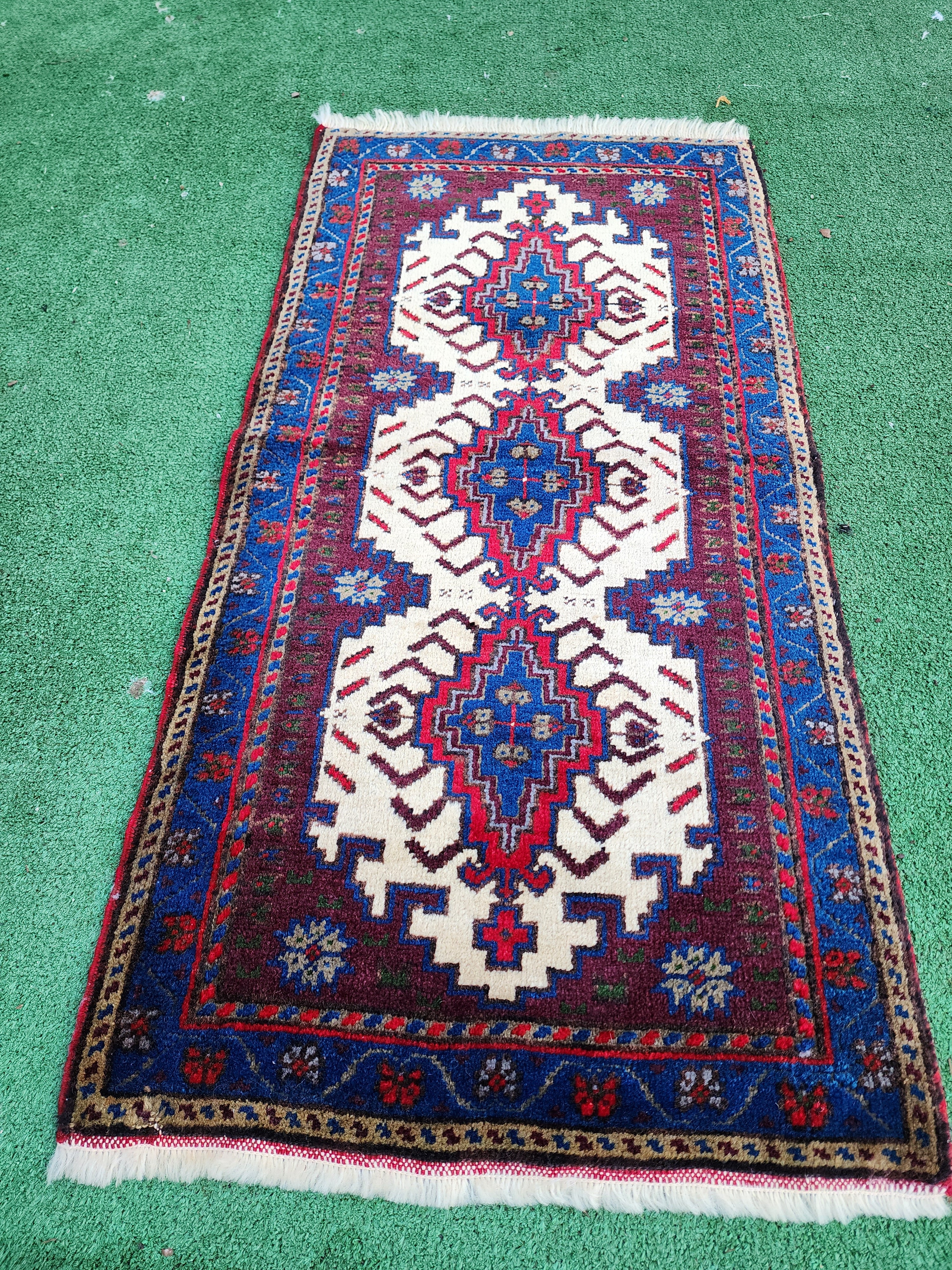 Red Blue Small Turkish Rug, 3 ft 4 in x 1 ft 7 in, Vintage Rug for Entry, Kitchen, Hallway or Bedroom Persian Oriental Boho Rustic Decor