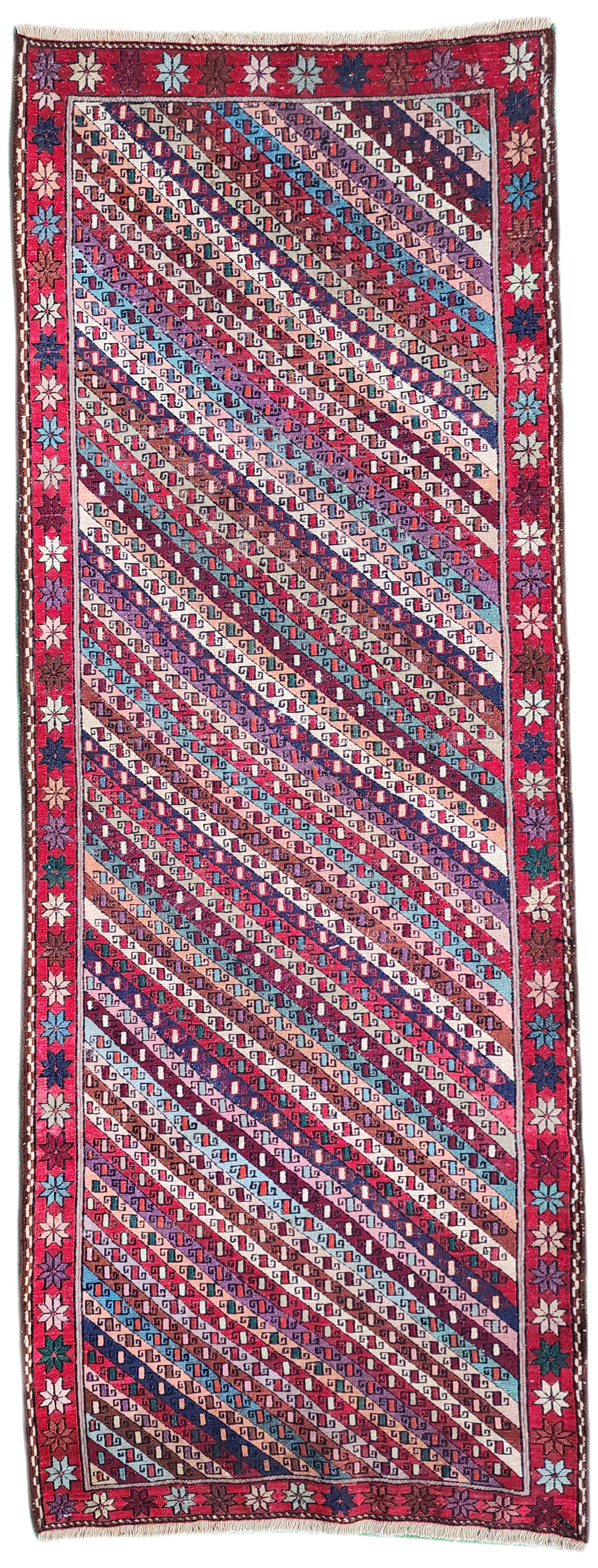 Persian Soumak Kilim Runner 6 x 2 ft Brown Red and Blue Handmade Natural Wool Boho Rustic Turkish Floor Rug