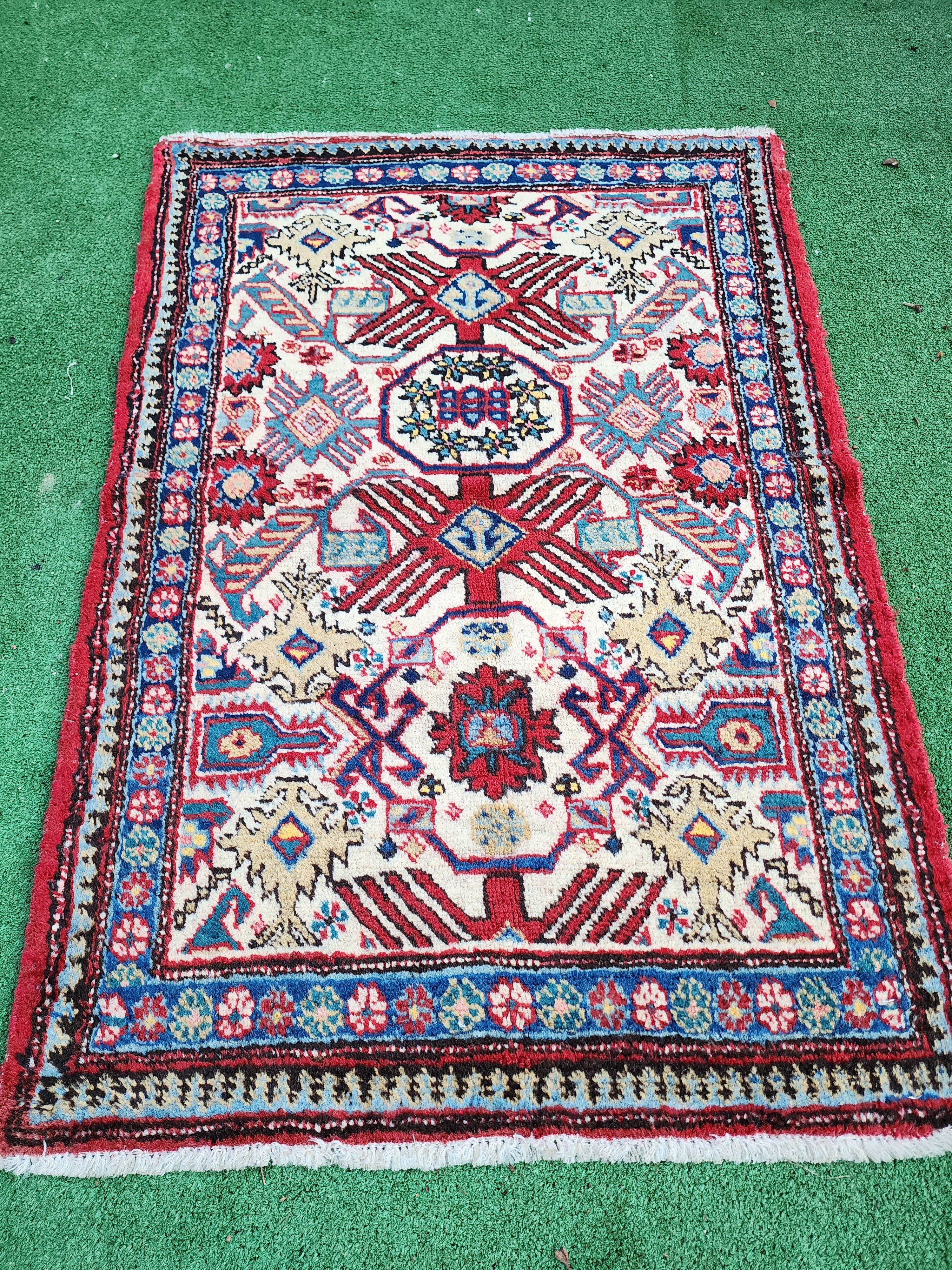 Small Vintage Persian Rug, 3 ft 5 in x 2 ft 6 in, Red White Blue HandmadeTribal Nomadic Turkish Door Mat