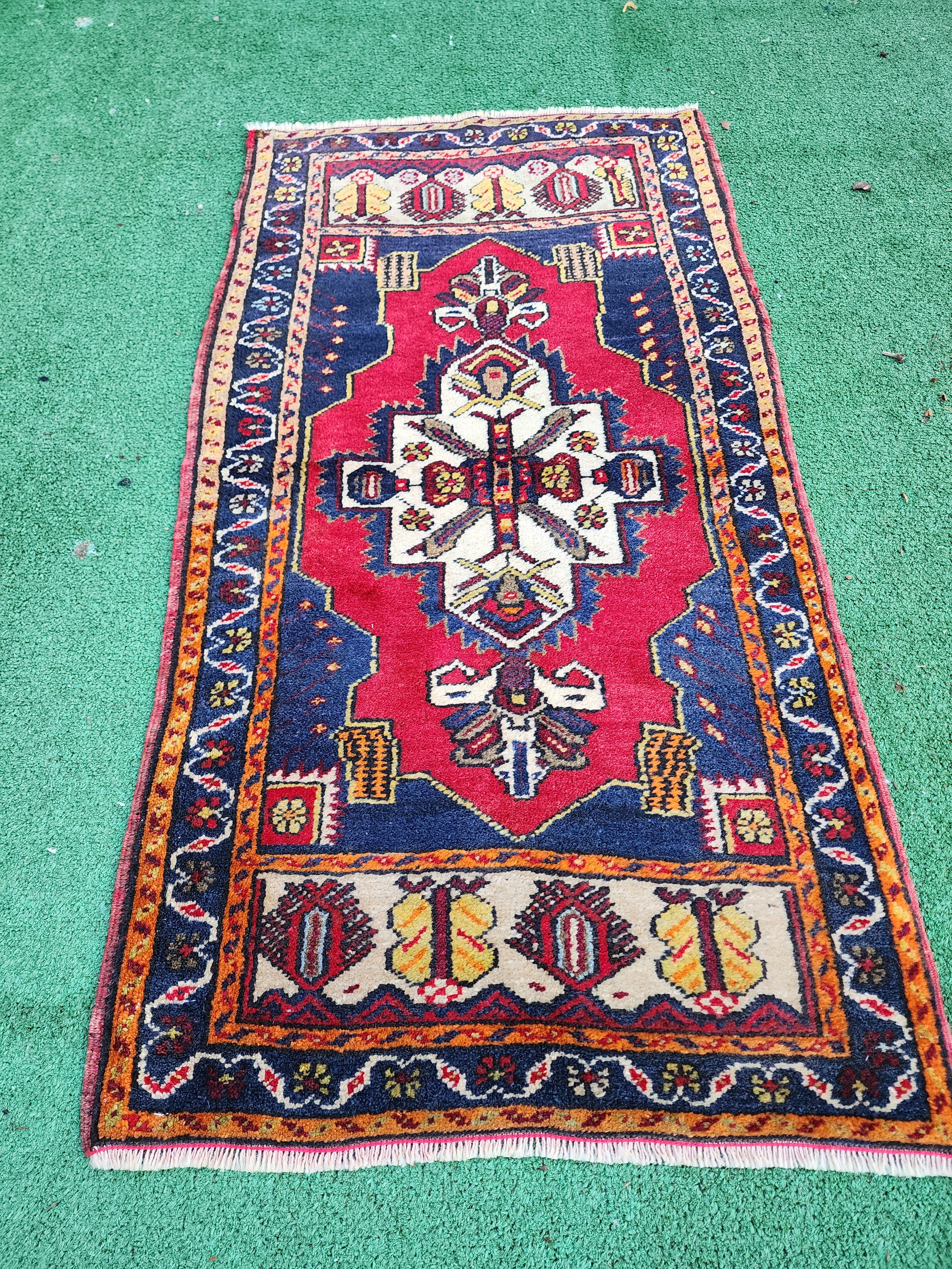 Vintage Turkish Small Rug, 3ft 4 in x 1 ft 8 in, Red, Blue and Beige Faded Distressed Antique Style Mat