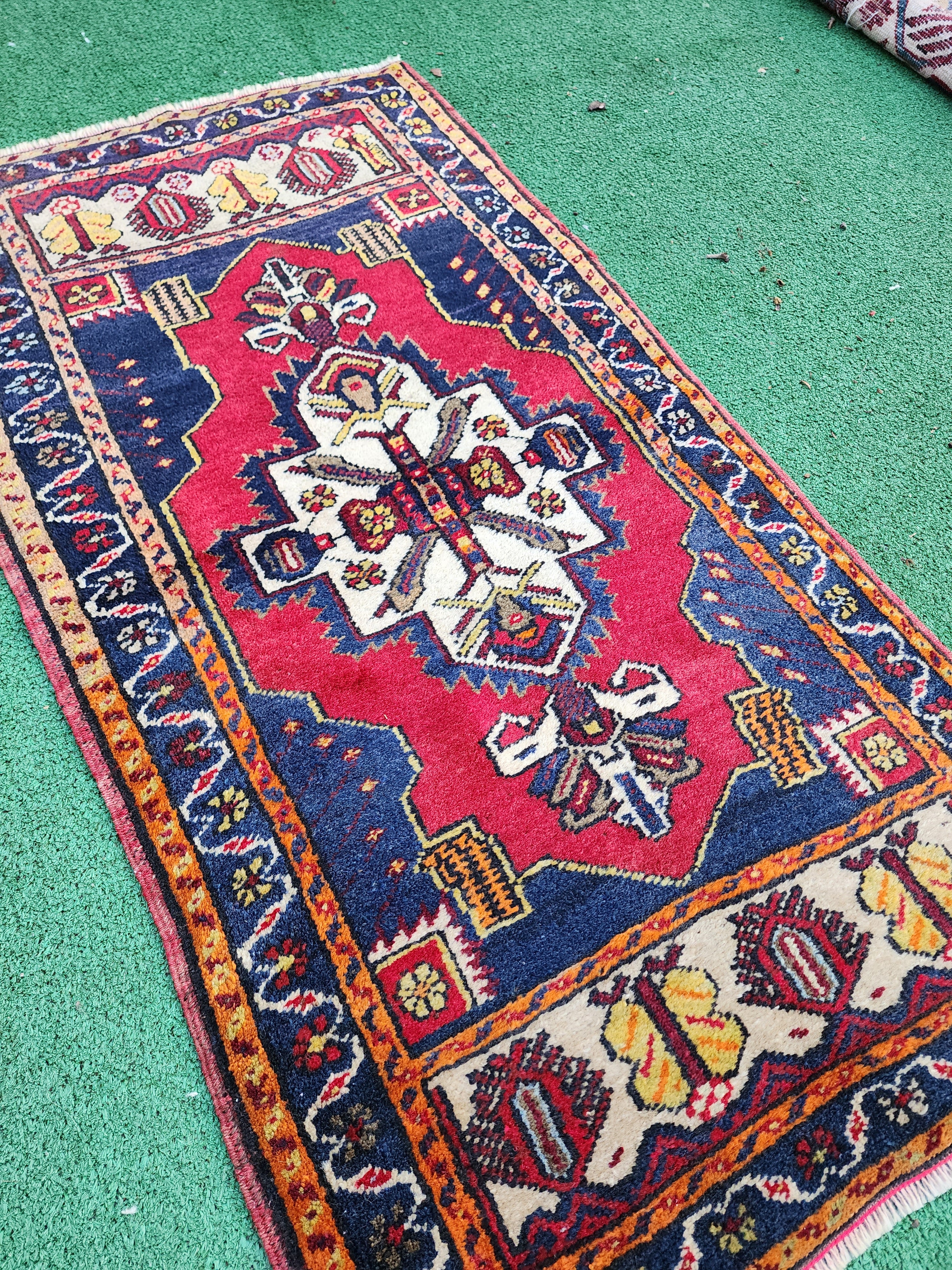 Vintage Turkish Small Rug, 3ft 4 in x 1 ft 8 in, Red, Blue and Beige Faded Distressed Antique Style Mat