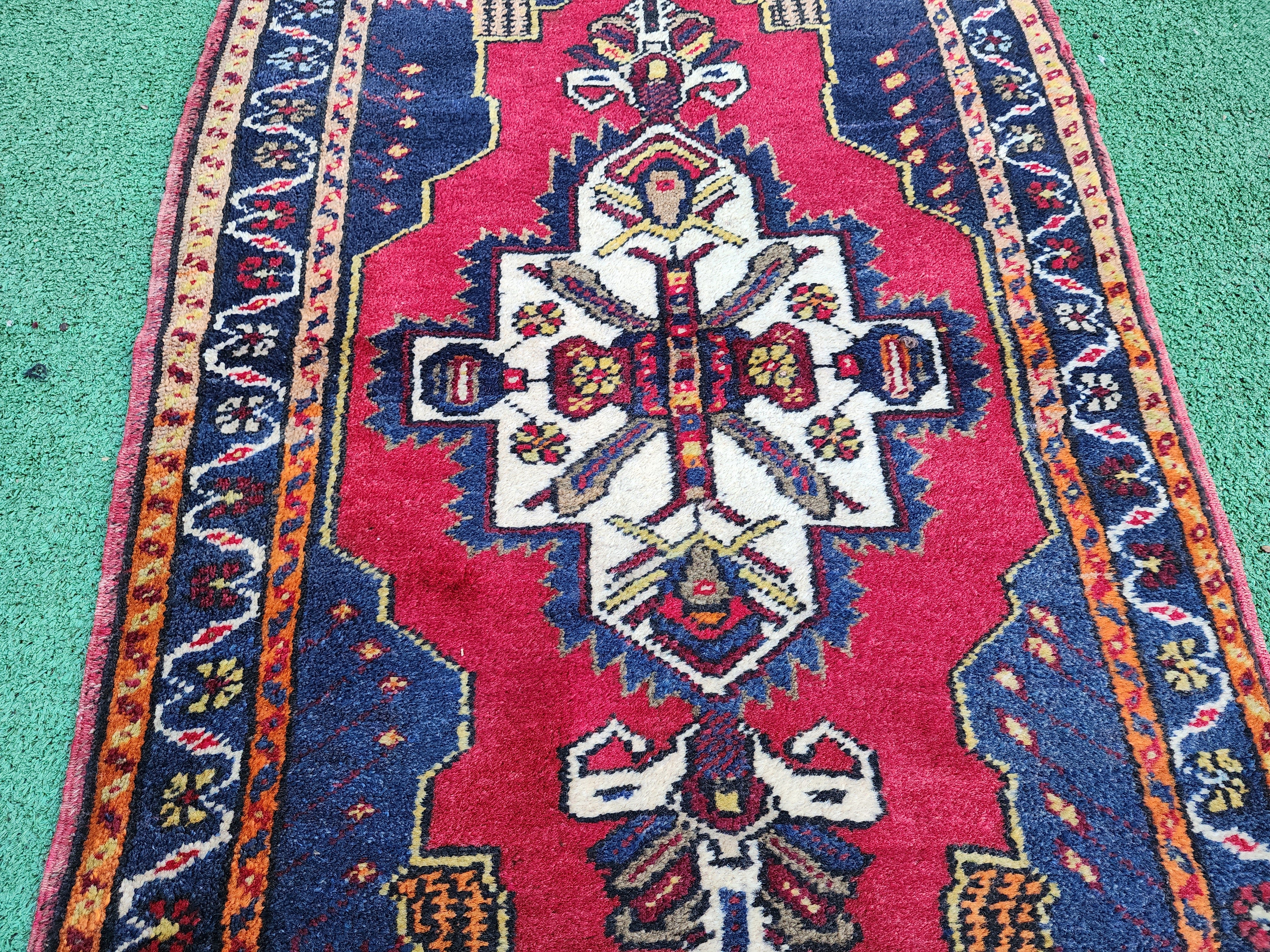 Vintage Turkish Small Rug, 3ft 4 in x 1 ft 8 in, Red, Blue and Beige Faded Distressed Antique Style Mat