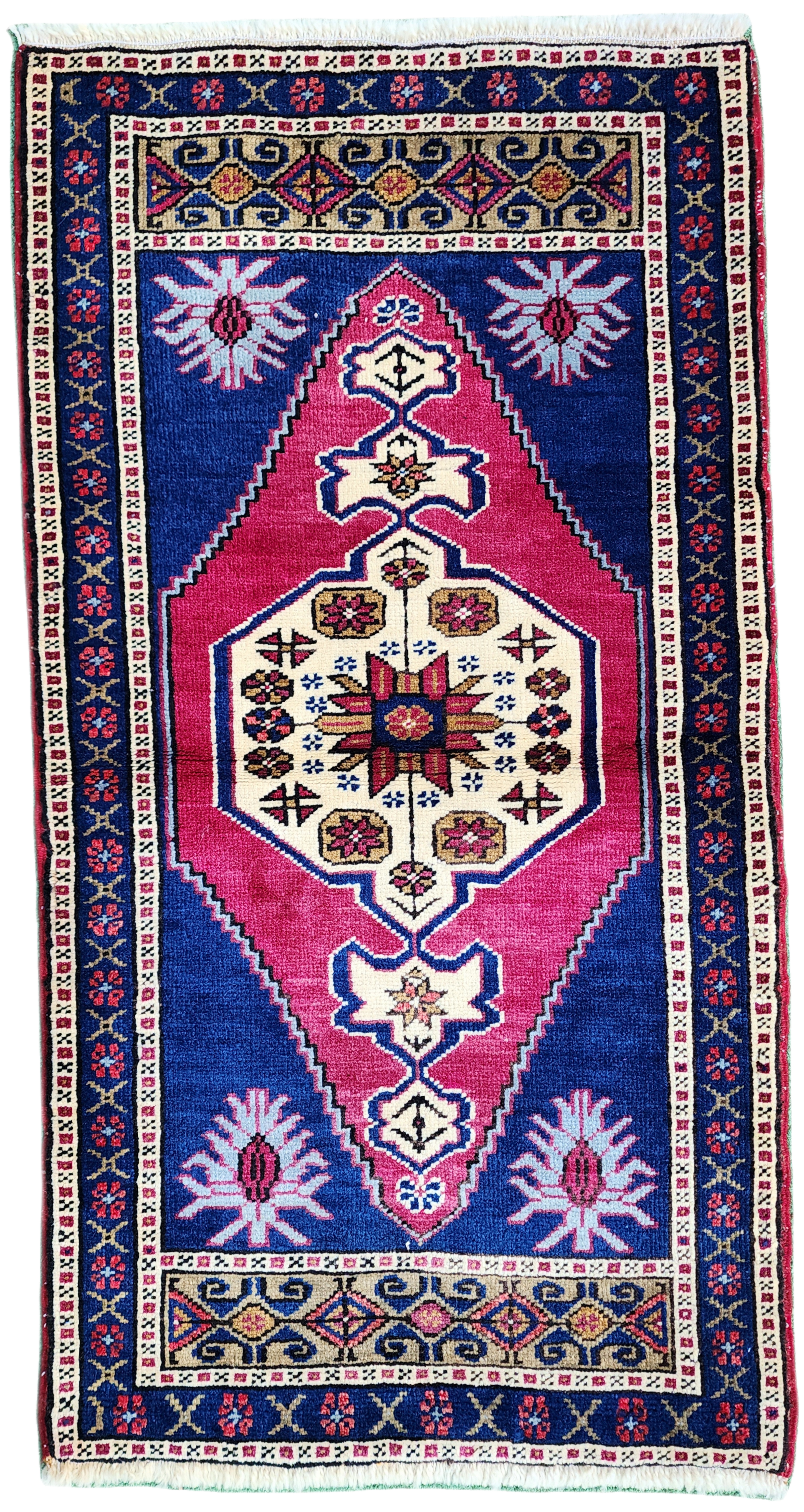 Red and  Blue Small Turkish Rug 3 ft 4 in x 1 ft 9 in  Vintage Rug for Kitchen, Hallway or Bedside Rug