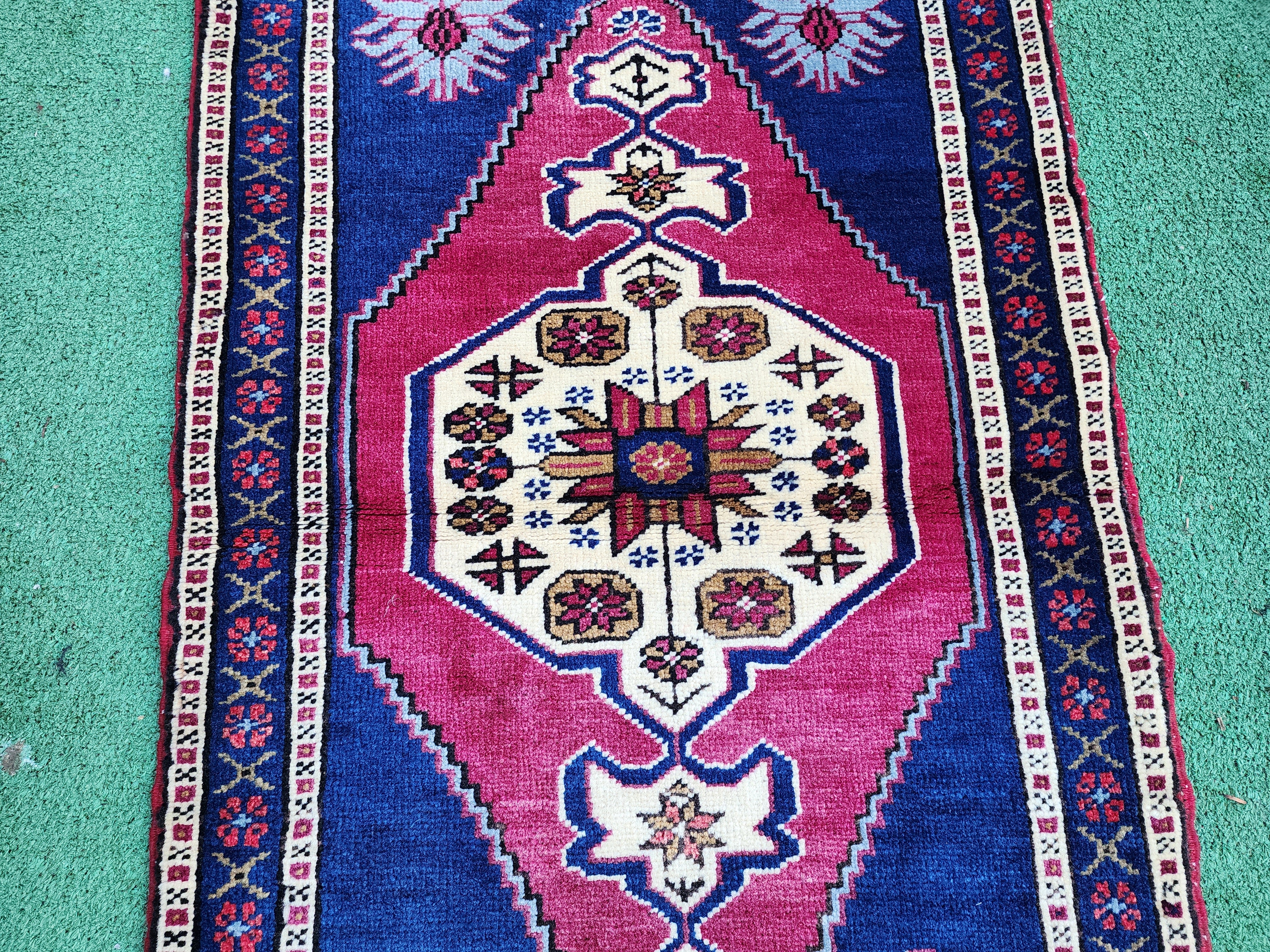 Red and  Blue Small Turkish Rug 3 ft 4 in x 1 ft 9 in  Vintage Rug for Kitchen, Hallway or Bedside Rug