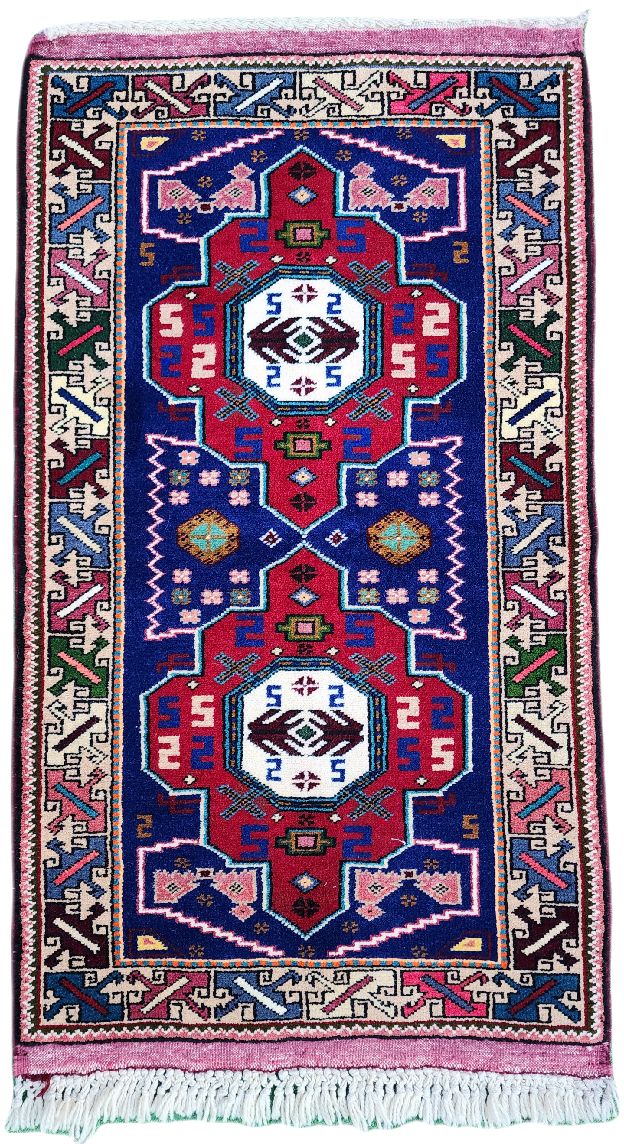 Red and  Blue Small Turkish Rug 4 ft 4 in x 2 ft 5 in  Vintage Rug for Kitchen, Hallway or Bedside Rug