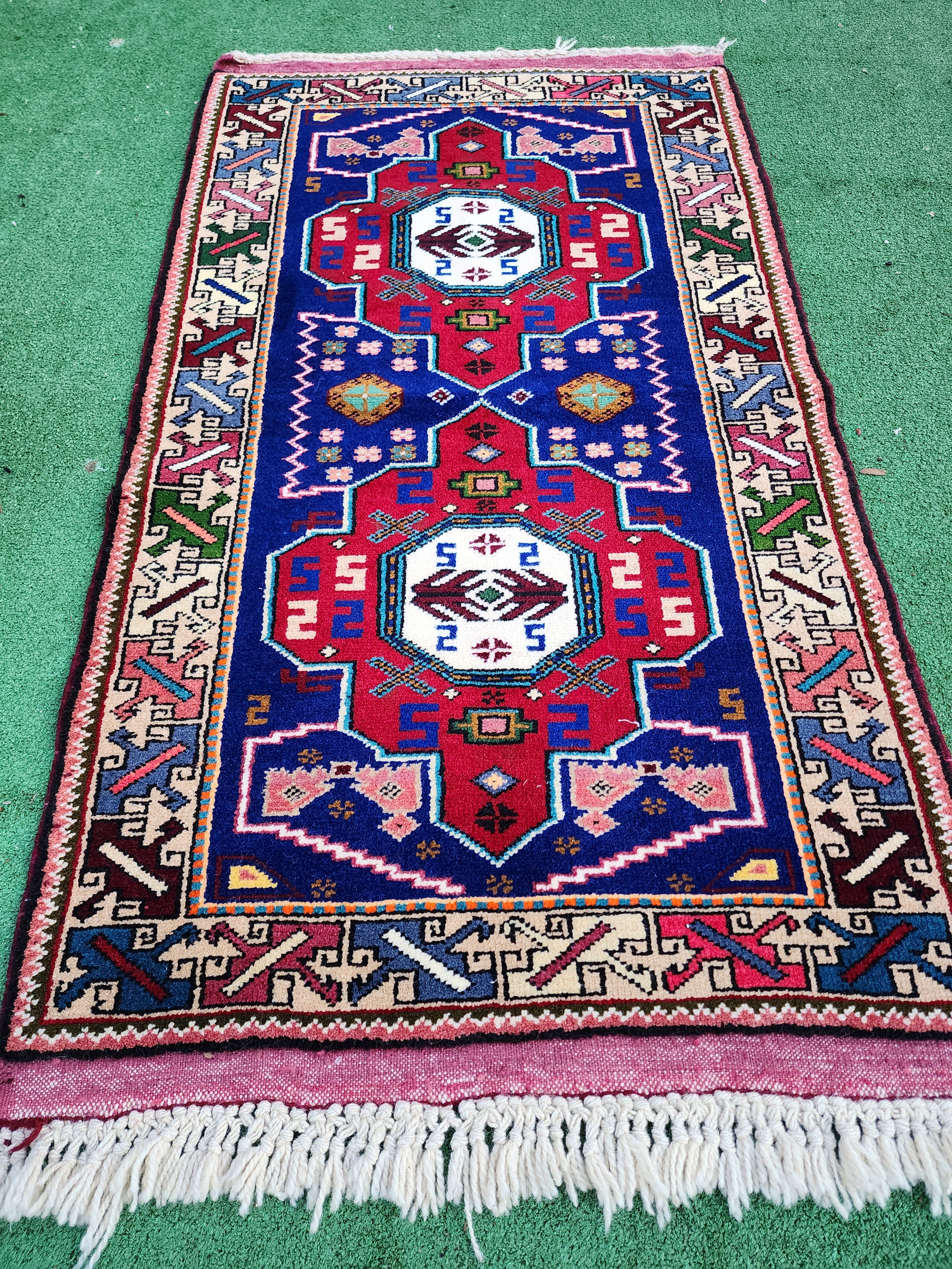 Red and  Blue Small Turkish Rug 4 ft 4 in x 2 ft 5 in  Vintage Rug for Kitchen, Hallway or Bedside Rug
