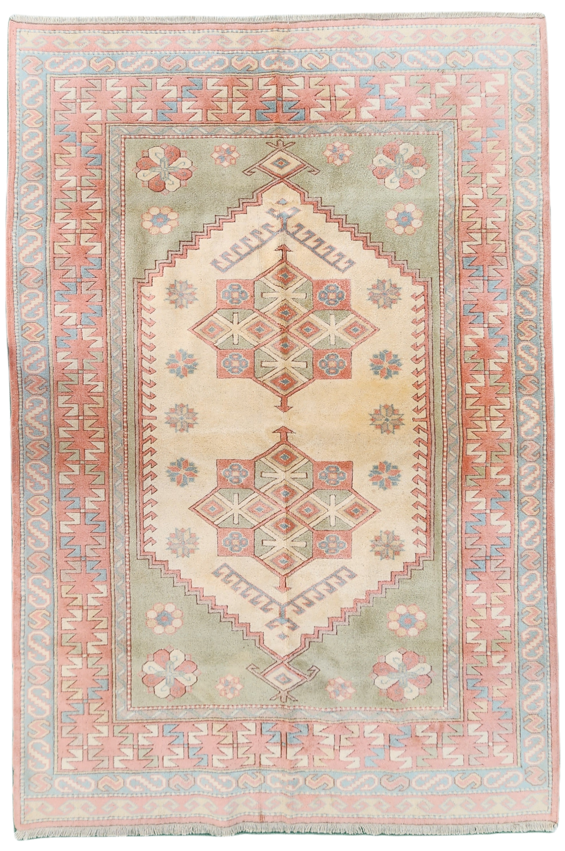 Pink and Green Turkish Rug 7 x 5 ft Vintage Muted Pastel Turkish Rug